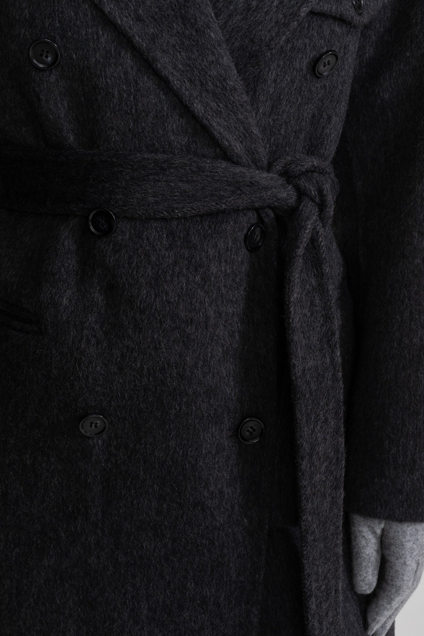 Double-Breasted Wool Coat With Waist Belt – Charcoal Grey