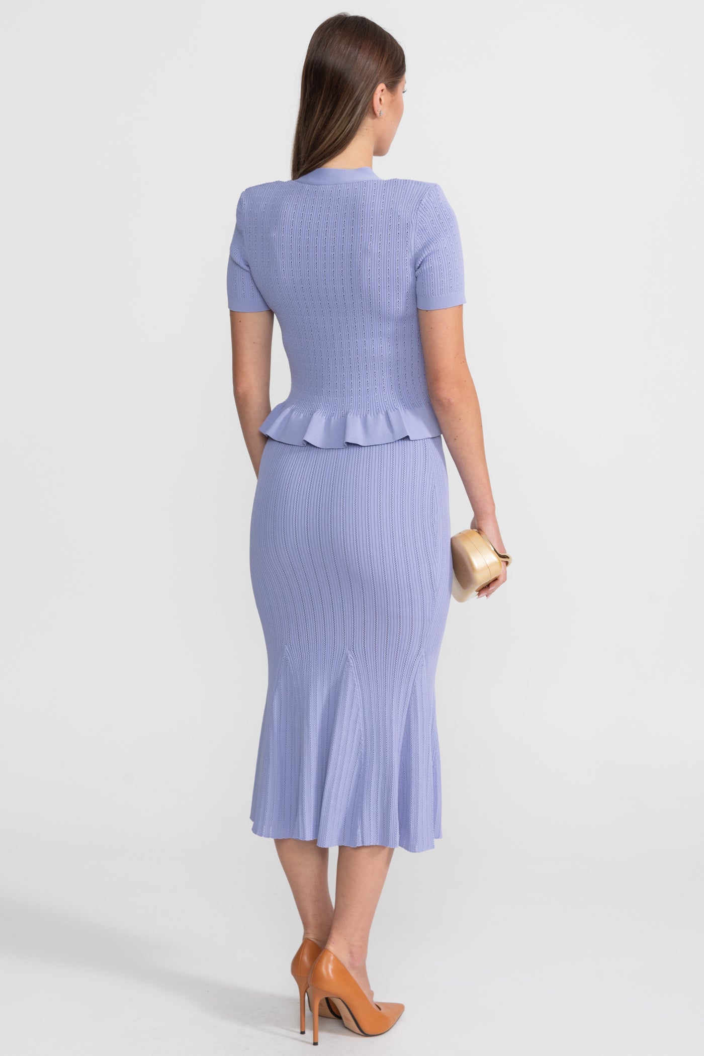 Knit Midi Co-Ord with Peplum Waist and Gold Buttons  – Lilac