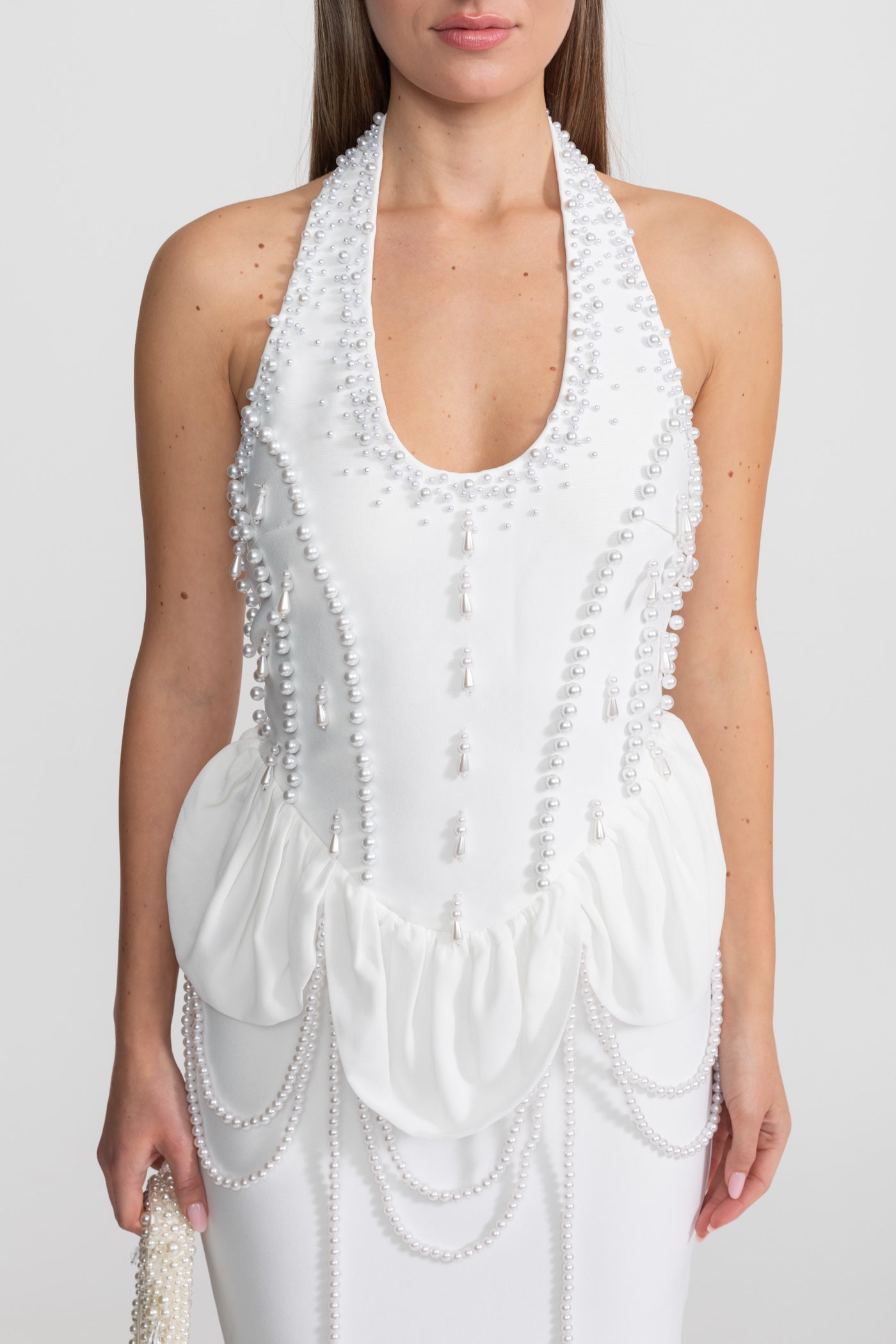 Embellished Halter Maxi Dress With Gathered Peplum Detail – White