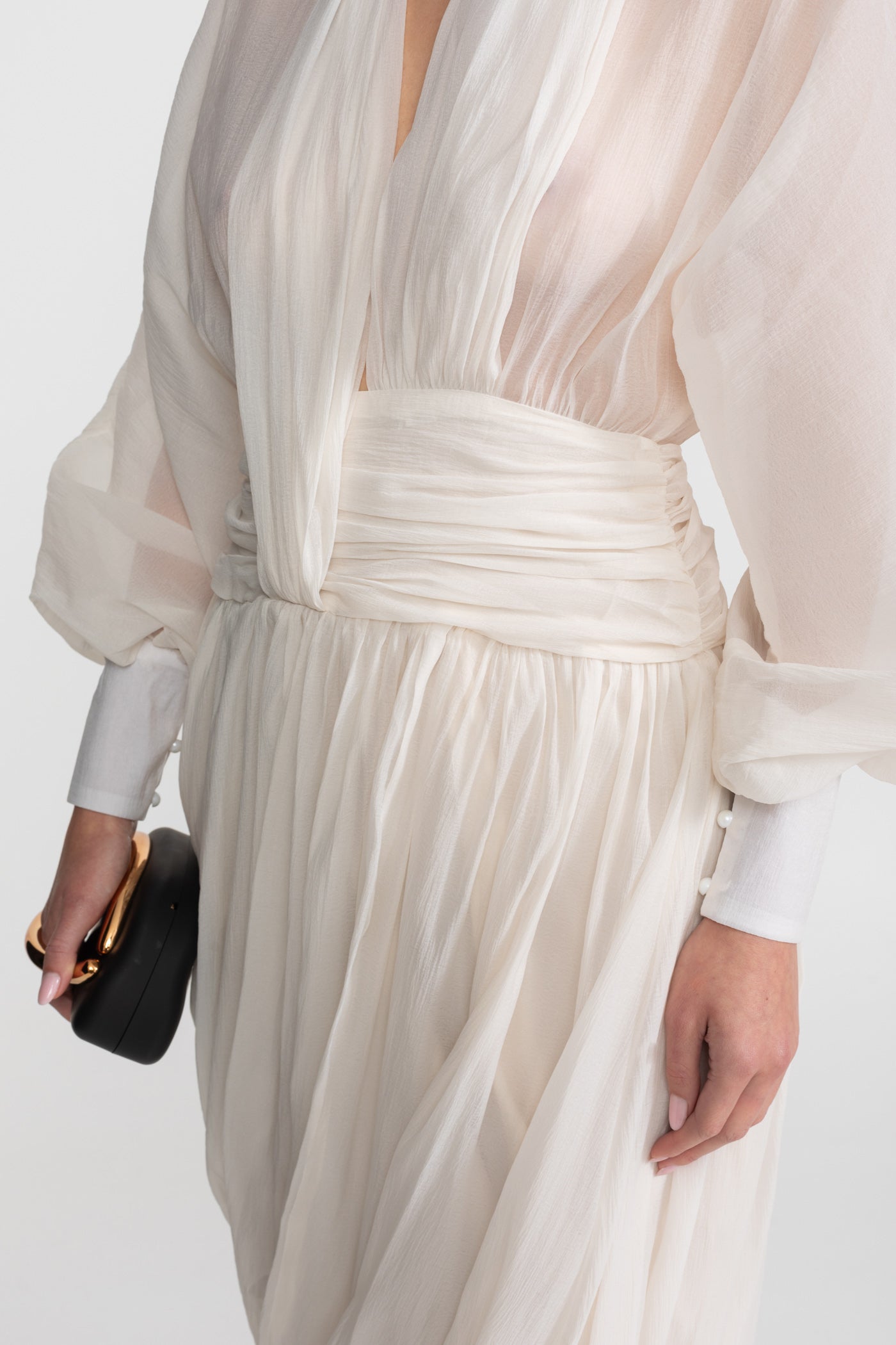 Draped Chiffon Maxi Dress With Long Bishop Sleeves – Ivoire