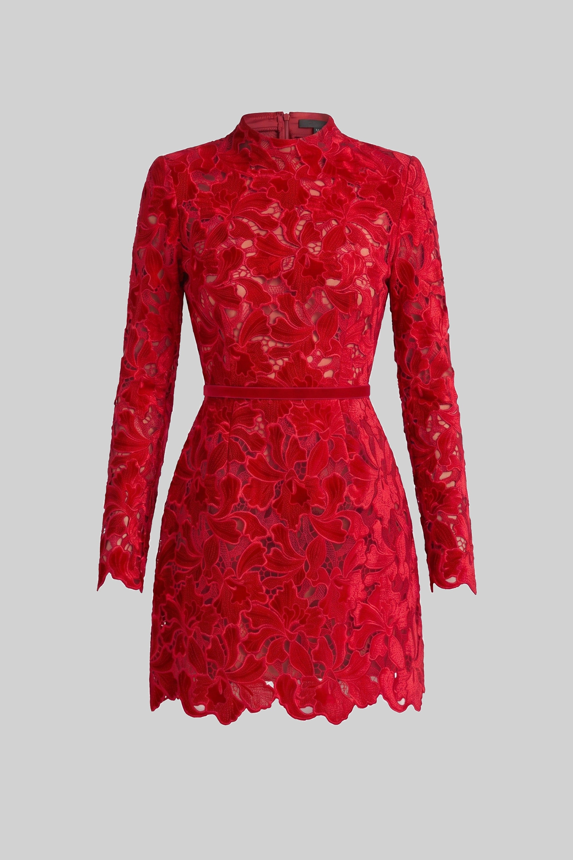 Langärmliges Spitzen-Minikleid mit hohem Kragen und gewelltem Saum - Rot 