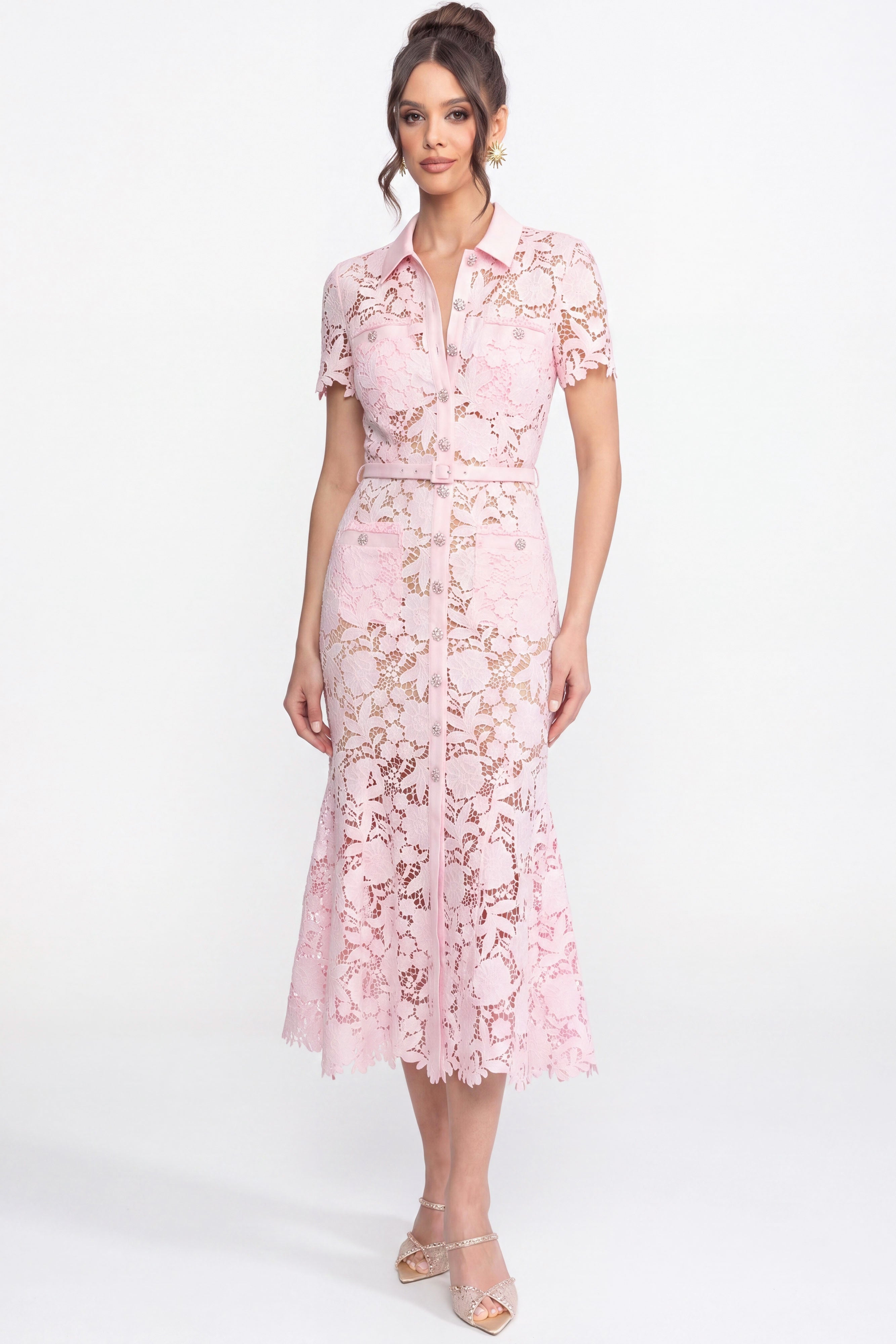 Lace Short Sleeve Midi Dress With Collared Neckline And Belted Waist - Pink