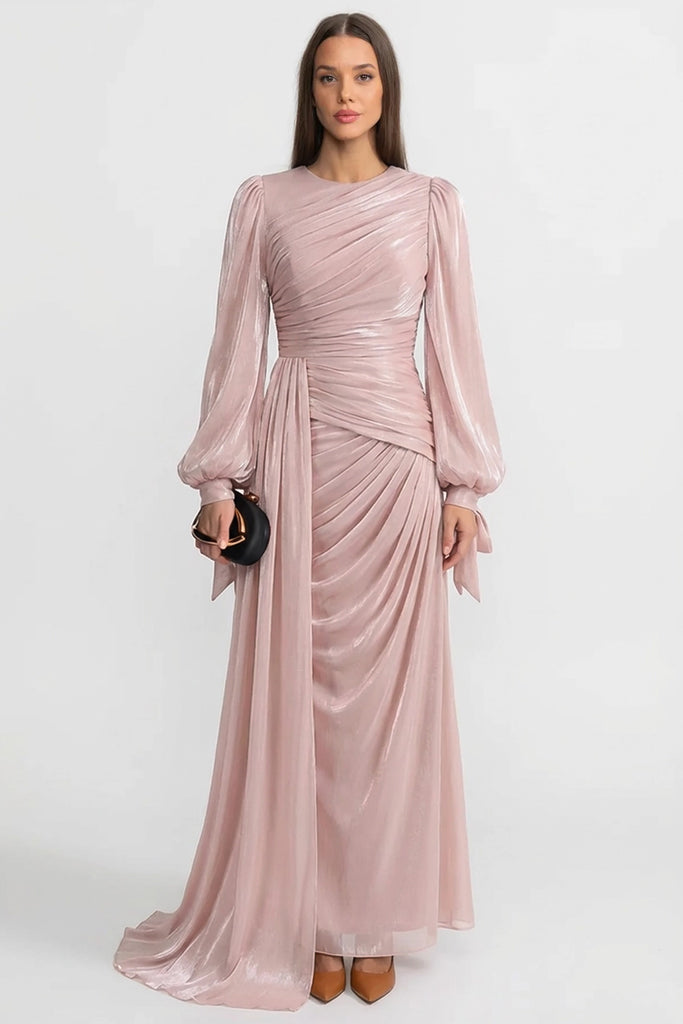 Langes, drapiertes Maxikleid mit geraffter Taille und langen Ärmeln – Blush Pink 