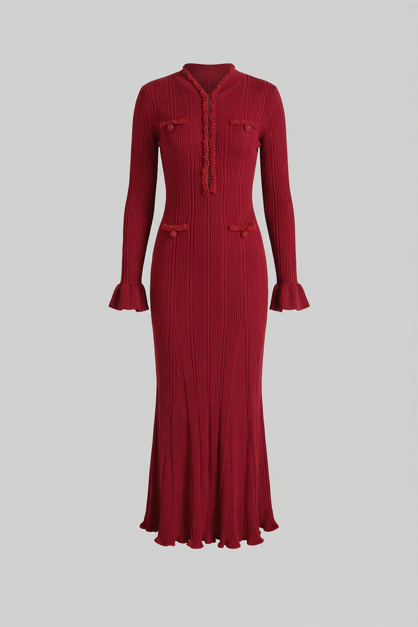 Geripptes Midi-Kleid mit langen Ärmeln und geflochtenen Besatzdetails - Burgunderrot 