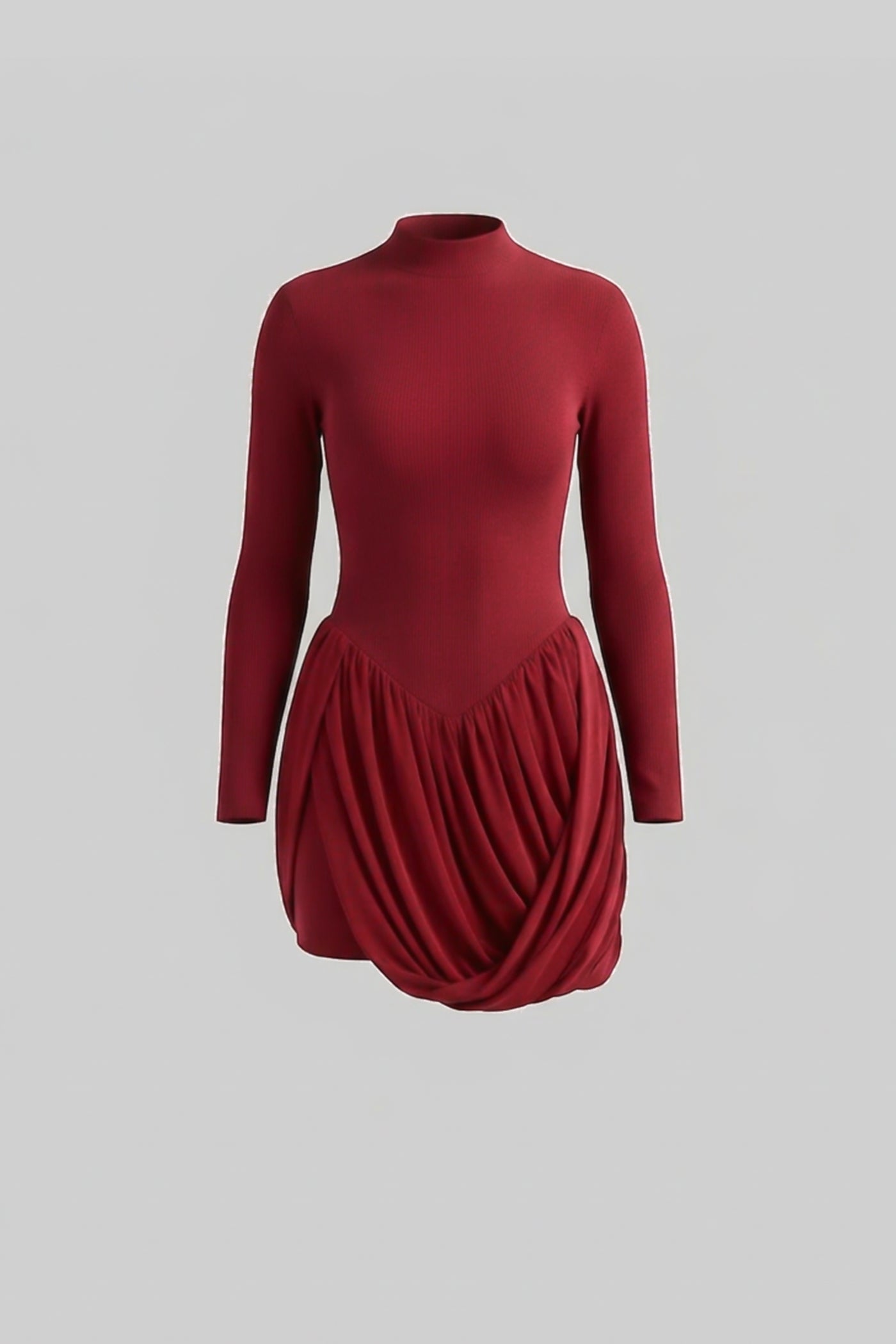 Long Sleeve Mini Dress With Draped Bubble Skirt - Red