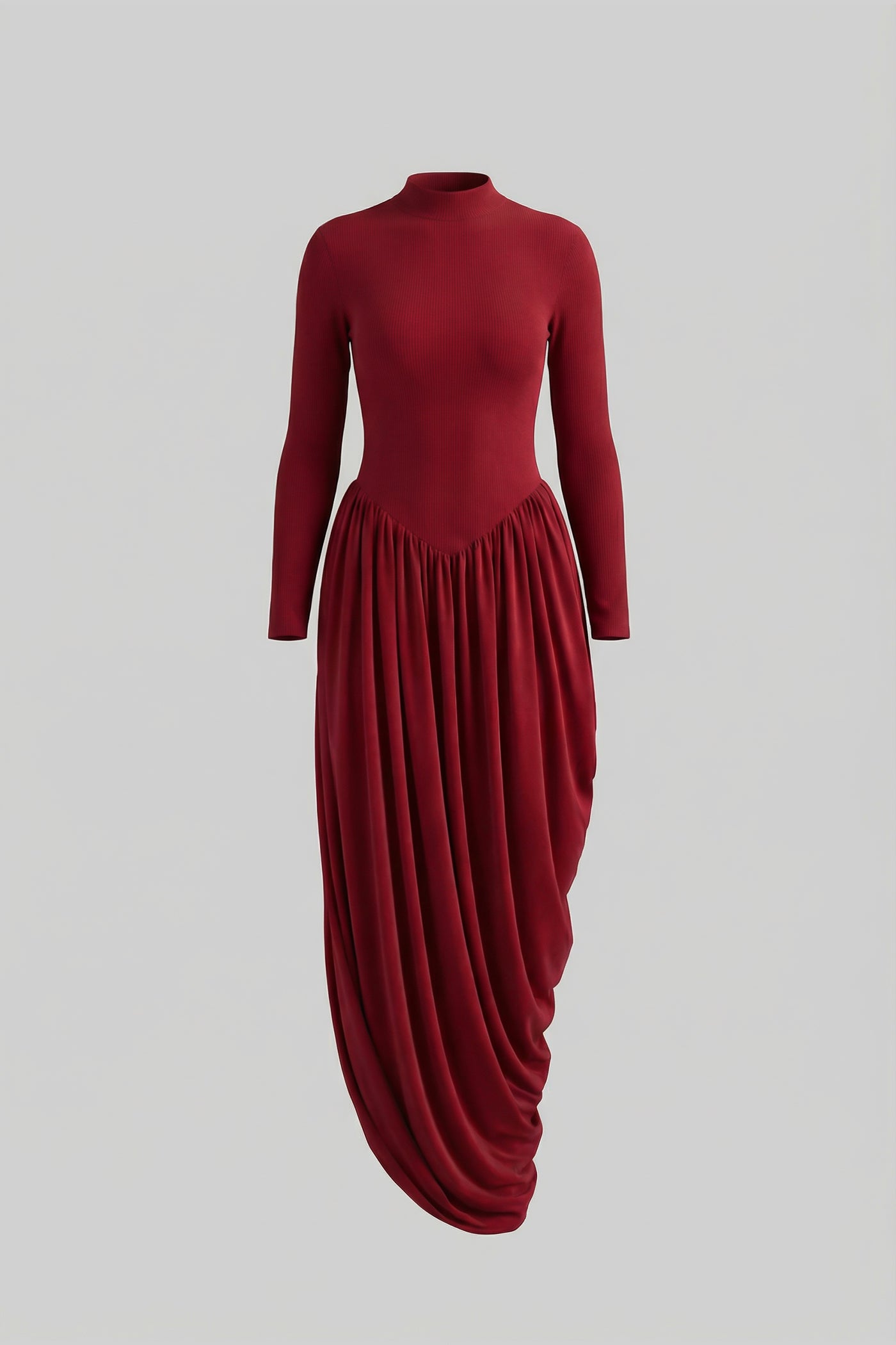 Maxikleid mit langen Ärmeln und drapiertem Rock - Rot 