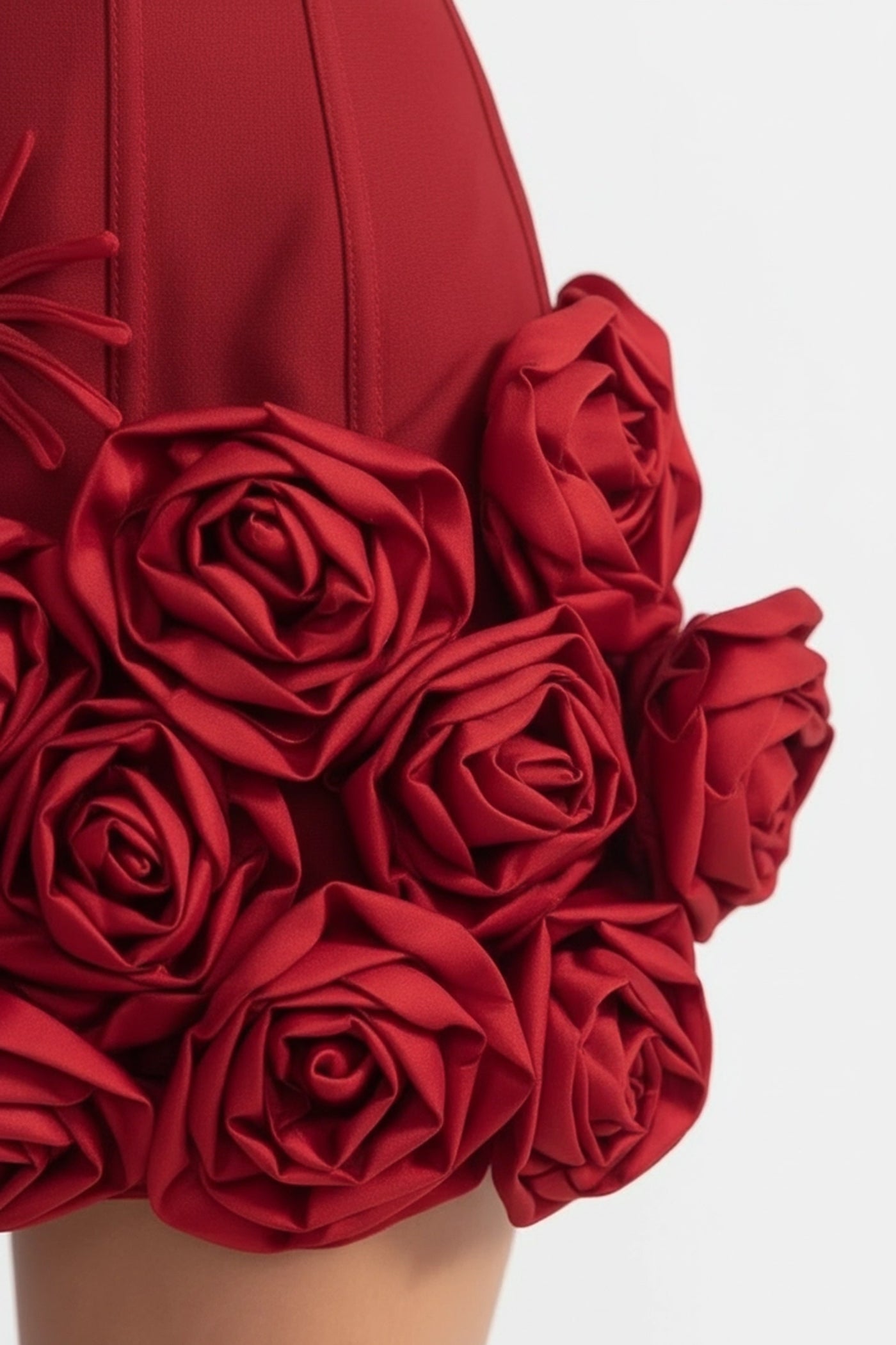 Corset Mini Dress with Sculpted Floral Hem – Red