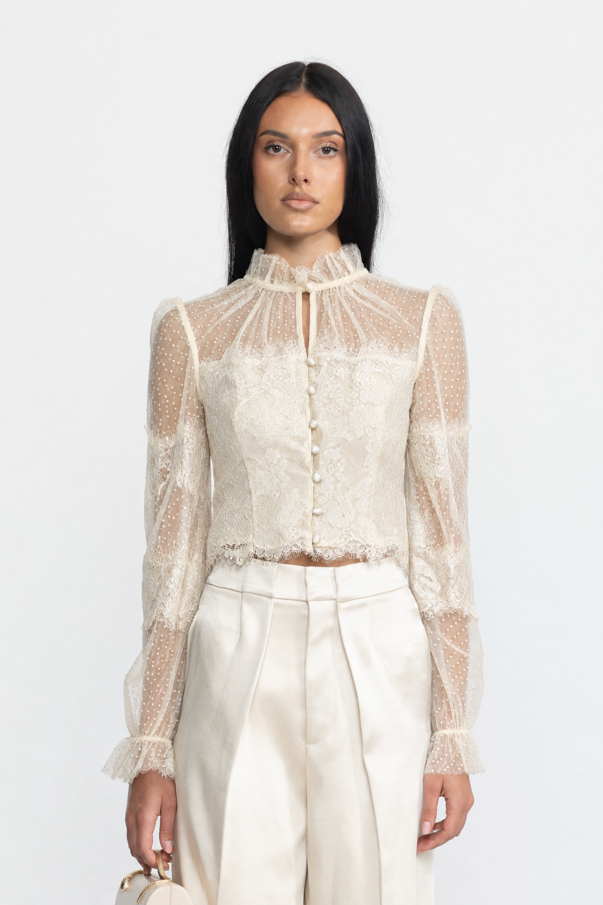 Ruffle Neck Lace and Dot Mesh Cropped Blouse - Ivoire