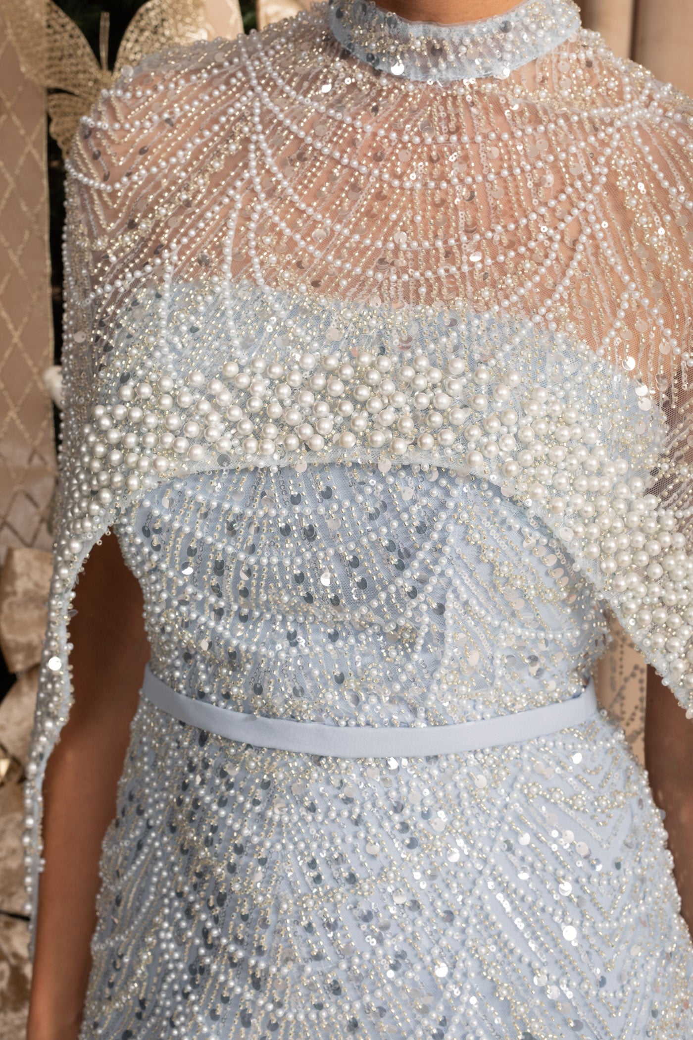 Glamorous Beaded Gown With Detachable Veil - Blue