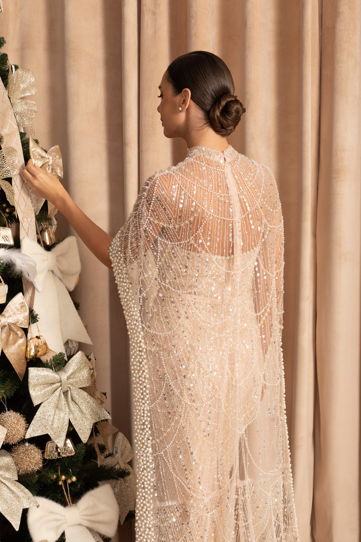 Glamorous Beaded Gown With Detachable Veil - Beige