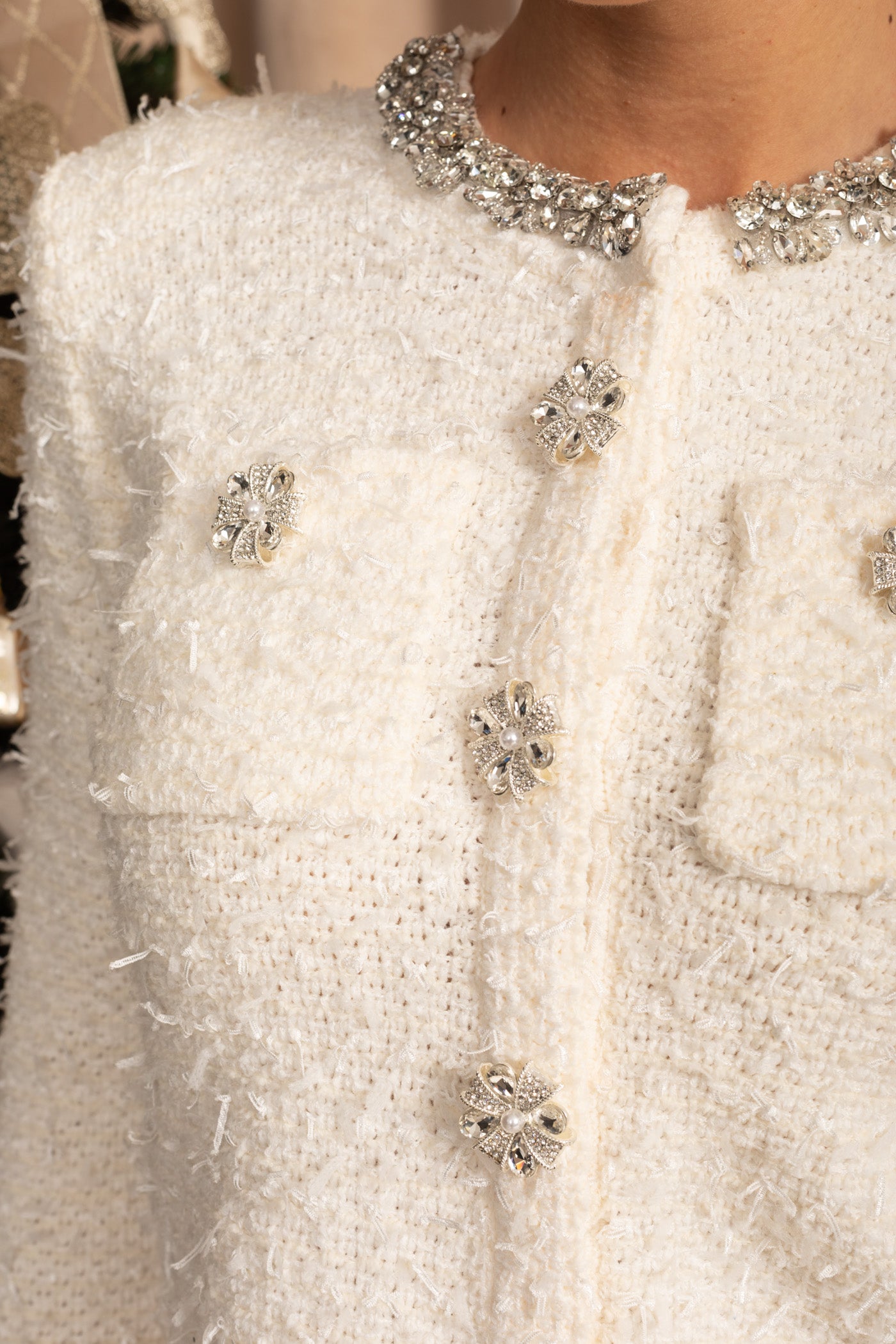 Tweed Blazer With Crystal Embellishments And Buttons - White
