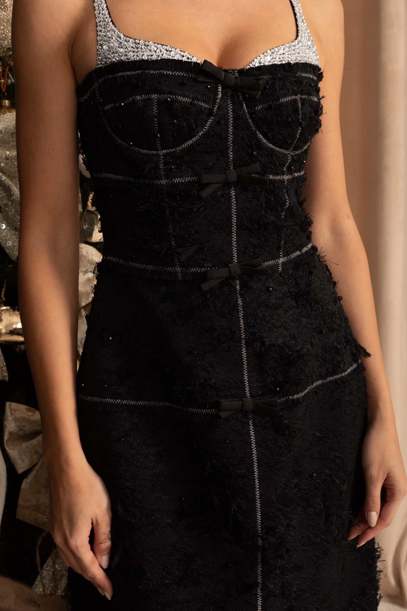 Textured Tweed Midi Dress With Contrast Straps and Bow Detailing – Black