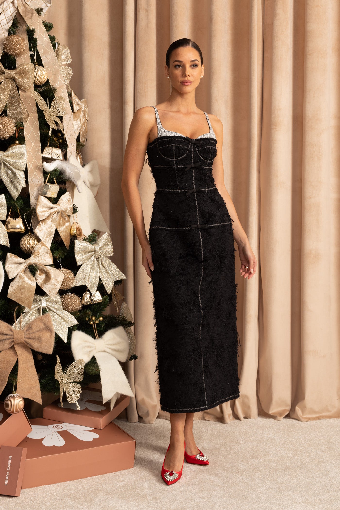 Textured Tweed Midi Dress With Contrast Straps and Bow Detailing – Black