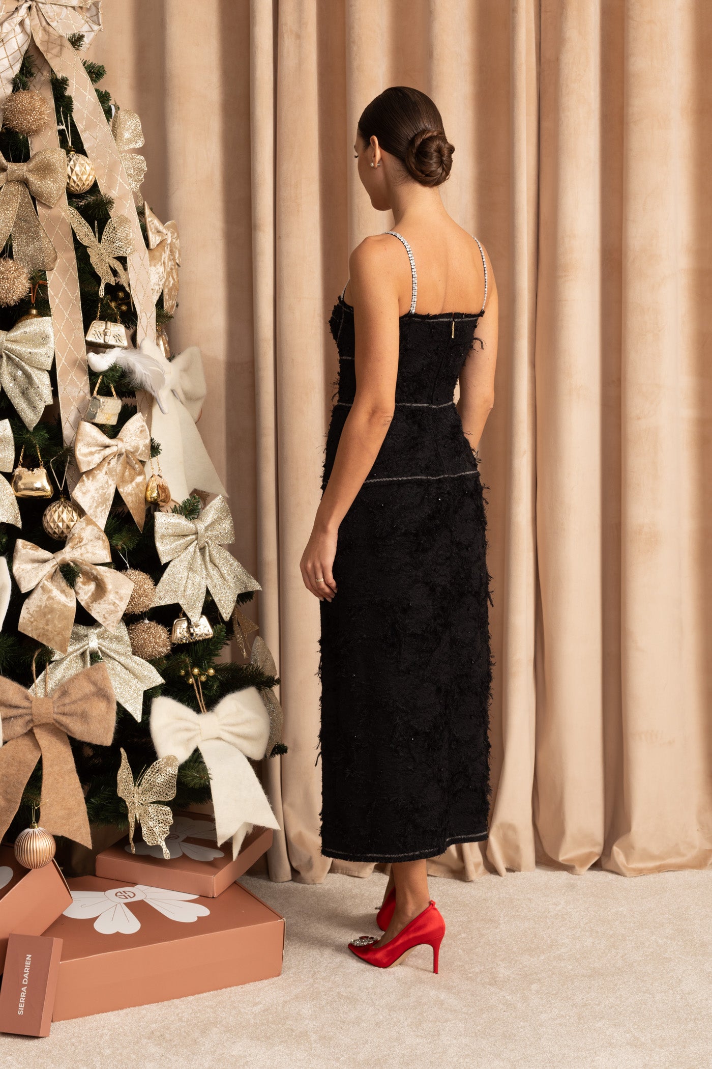 Textured Tweed Midi Dress With Contrast Straps and Bow Detailing – Black