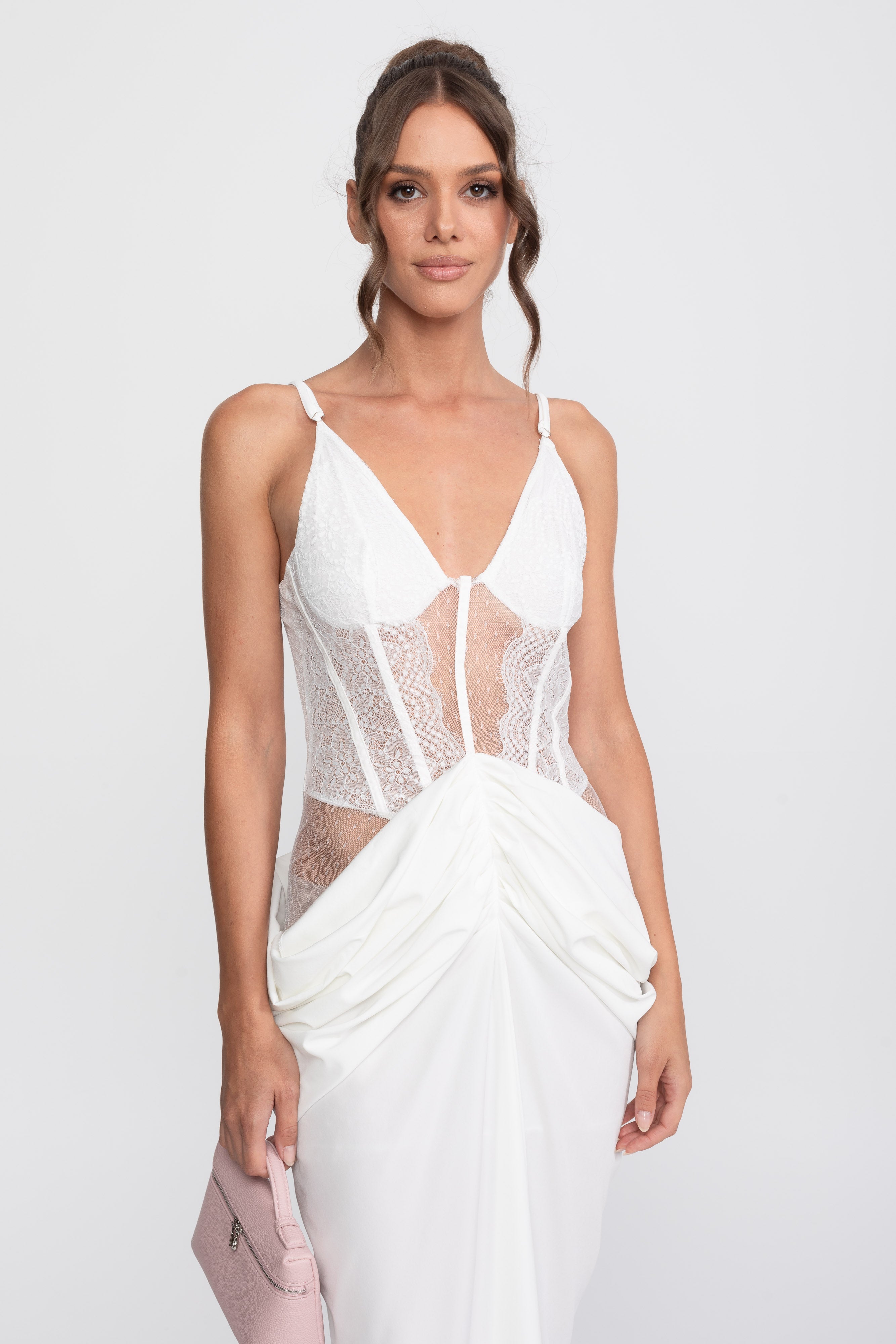 Spitzen-Bustier-Drapierungskleid mit Spaghettiträgern - Weiß 