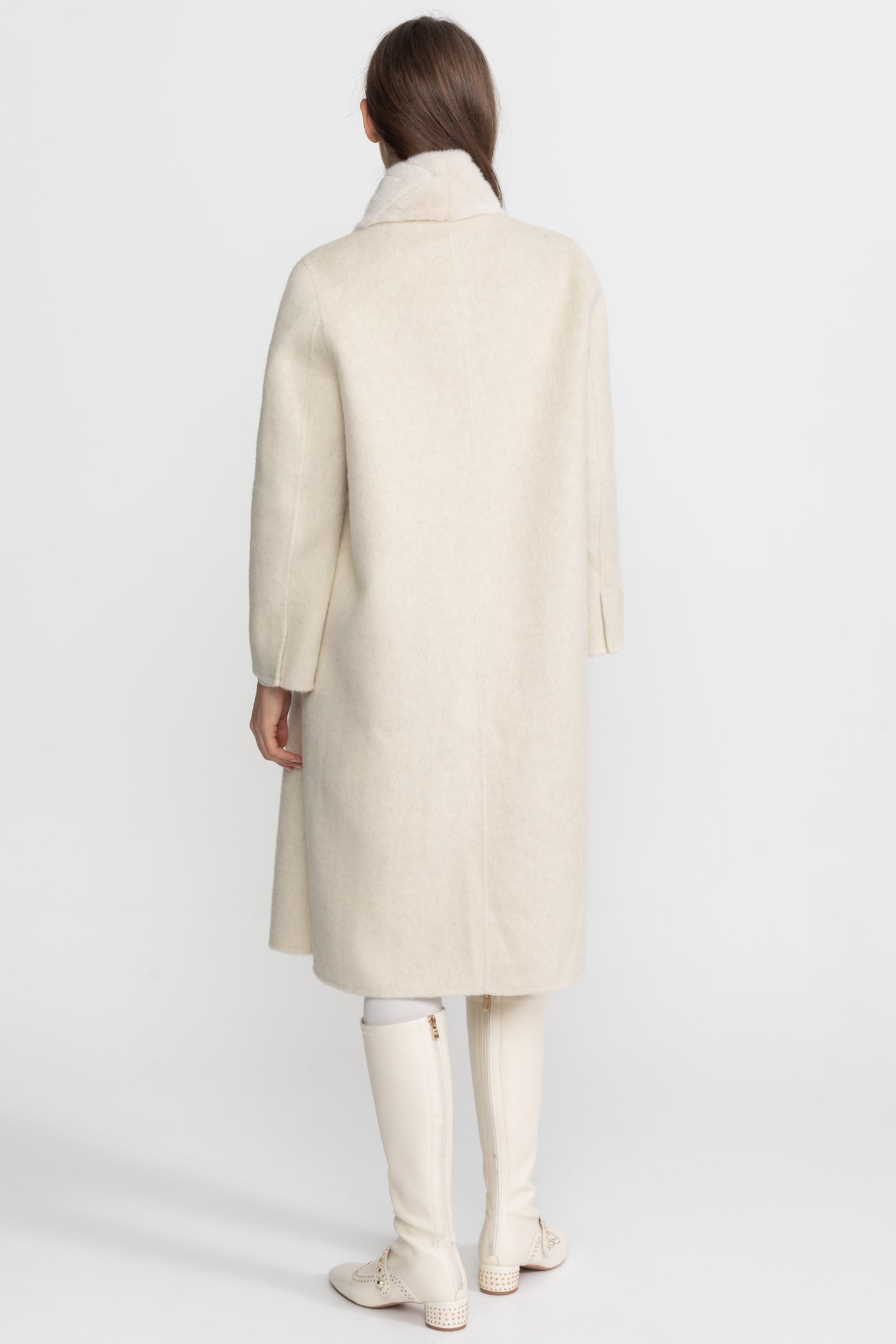 Wool Blend Belted Coat with Textured Sable Fur Panel – Ivoire