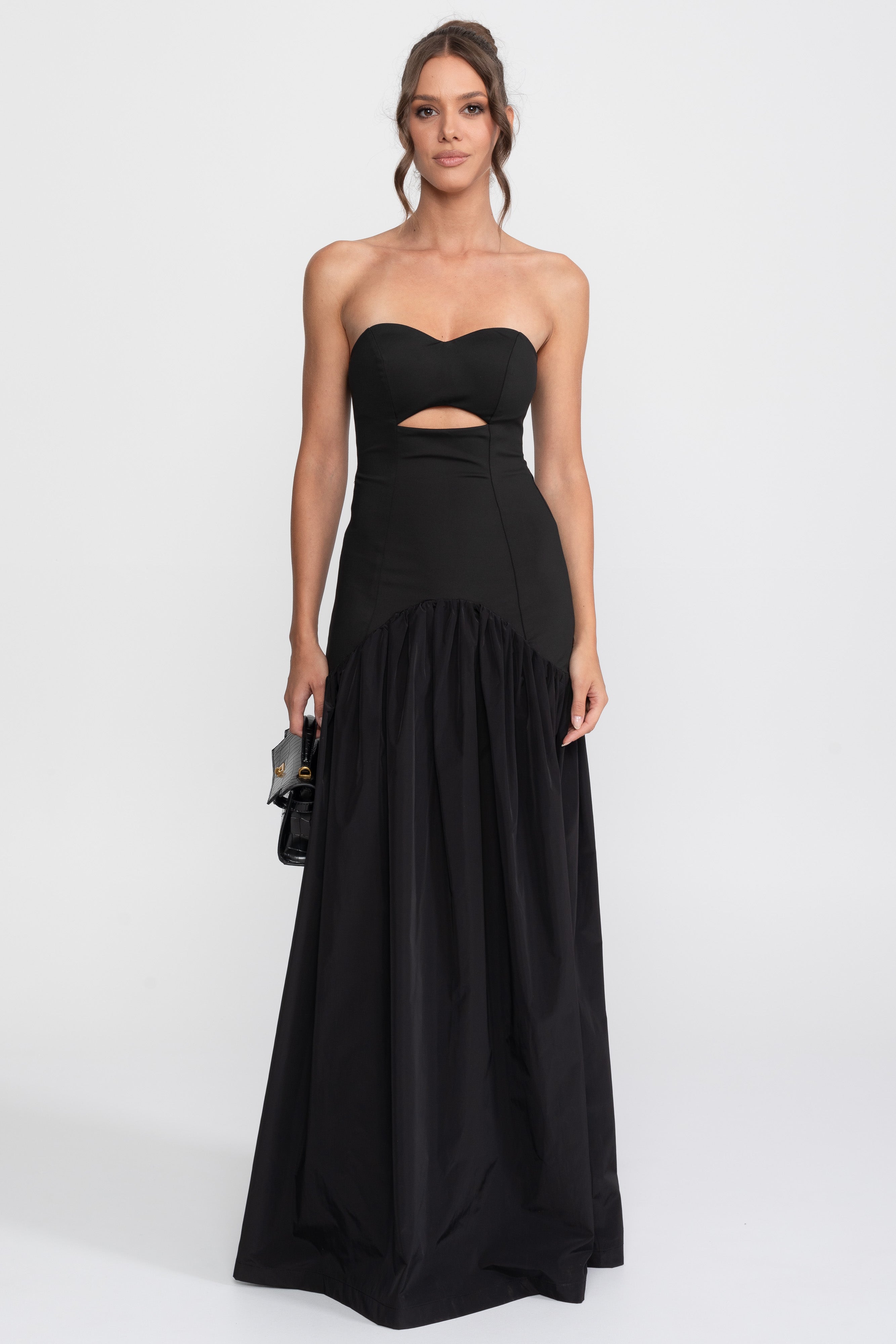 Ausschnitt-Sweetheart-Kleid mit tiefer Taille und gerafftem Rock - Schwarz 