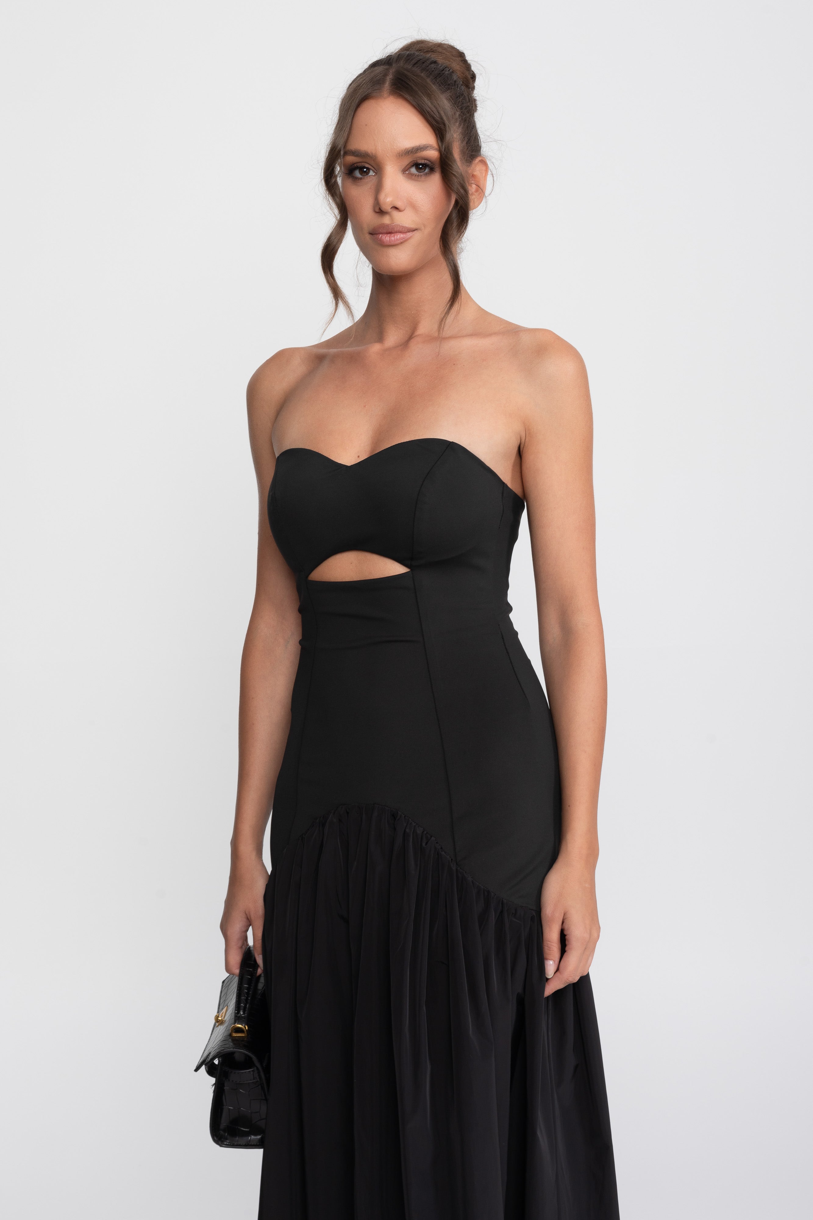 Ausschnitt-Sweetheart-Kleid mit tiefer Taille und gerafftem Rock - Schwarz 