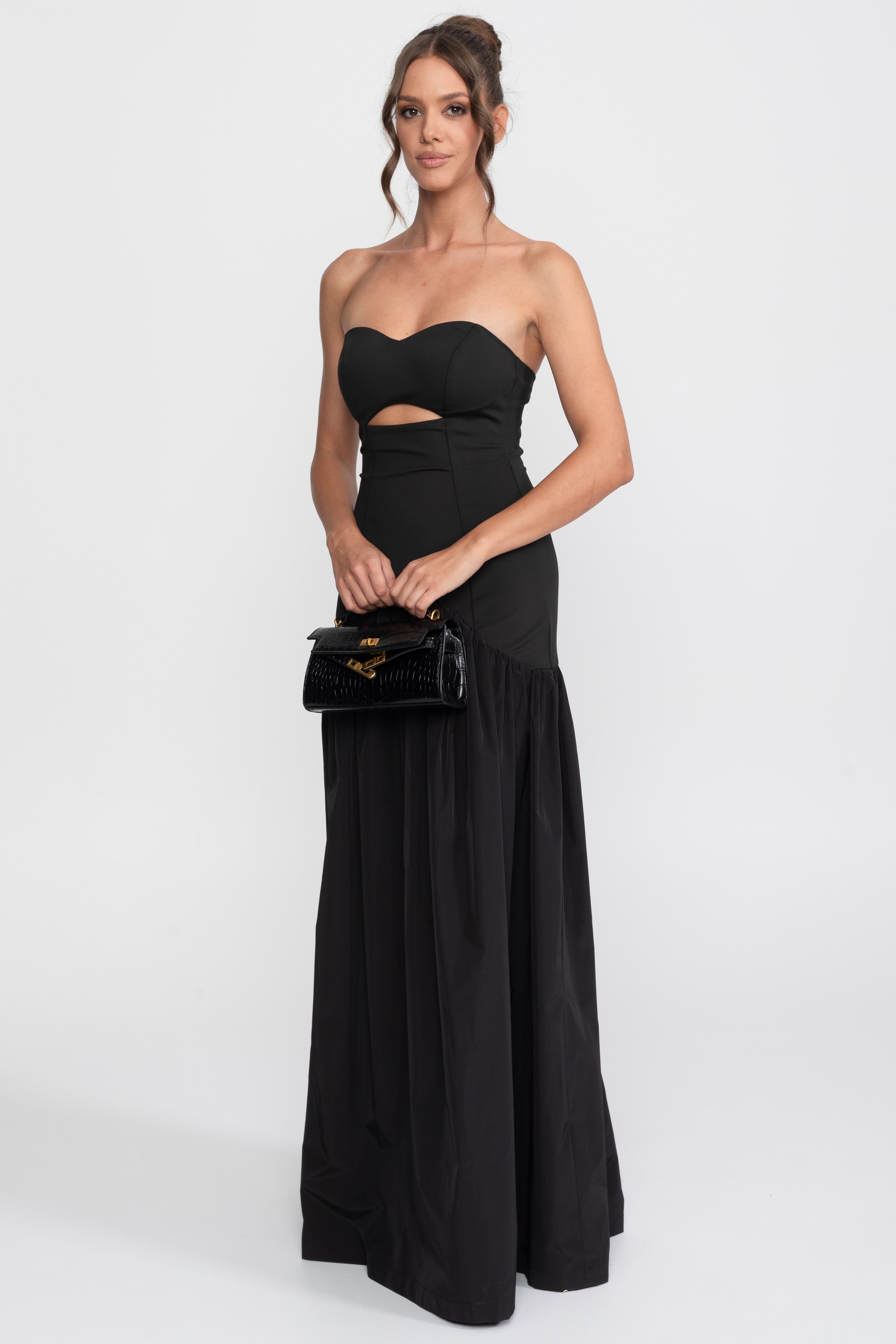 Ausschnitt-Sweetheart-Kleid mit tiefer Taille und gerafftem Rock - Schwarz 