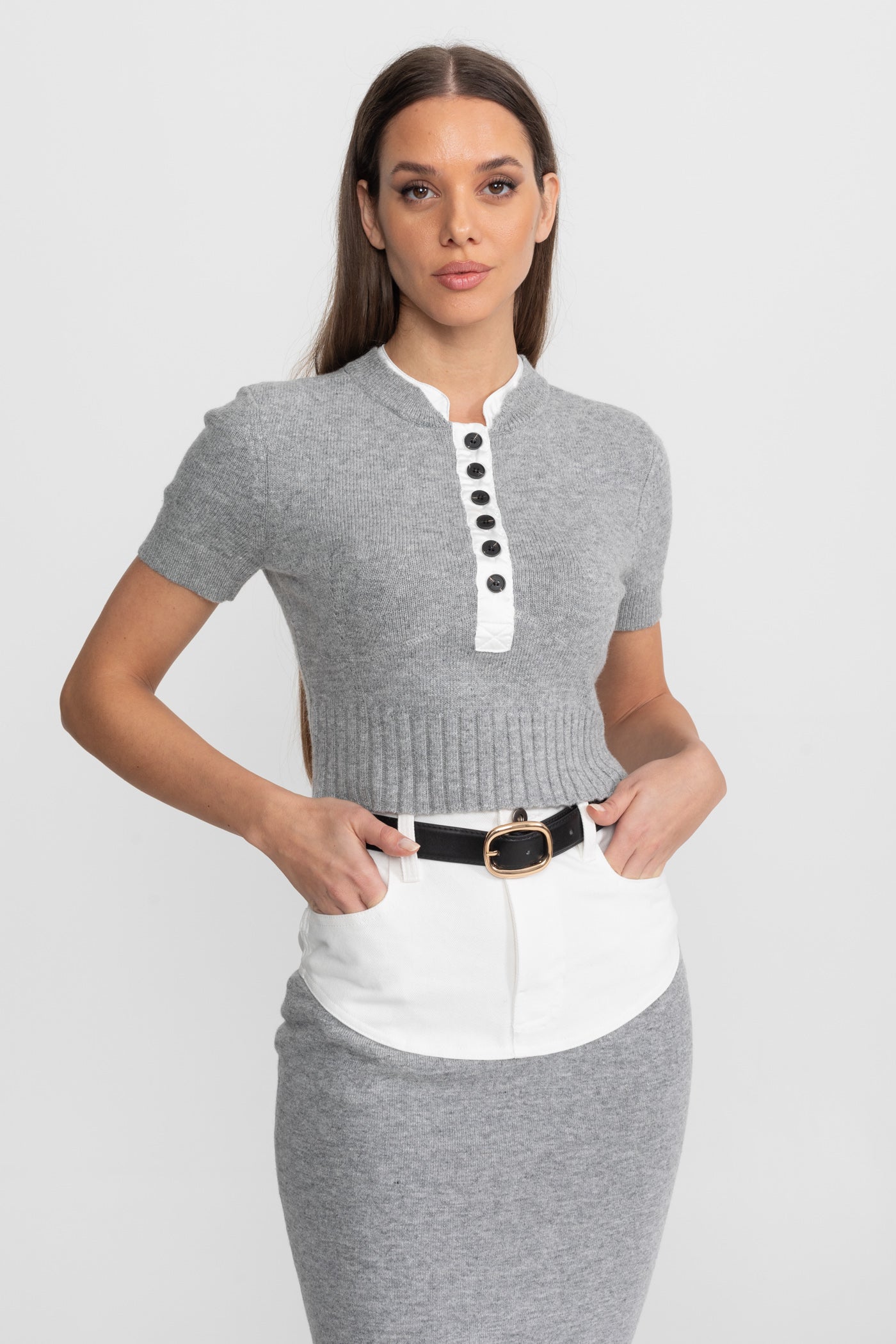 Knit Co-Ord Set with Contrast Shirt Insert Detail – Grey