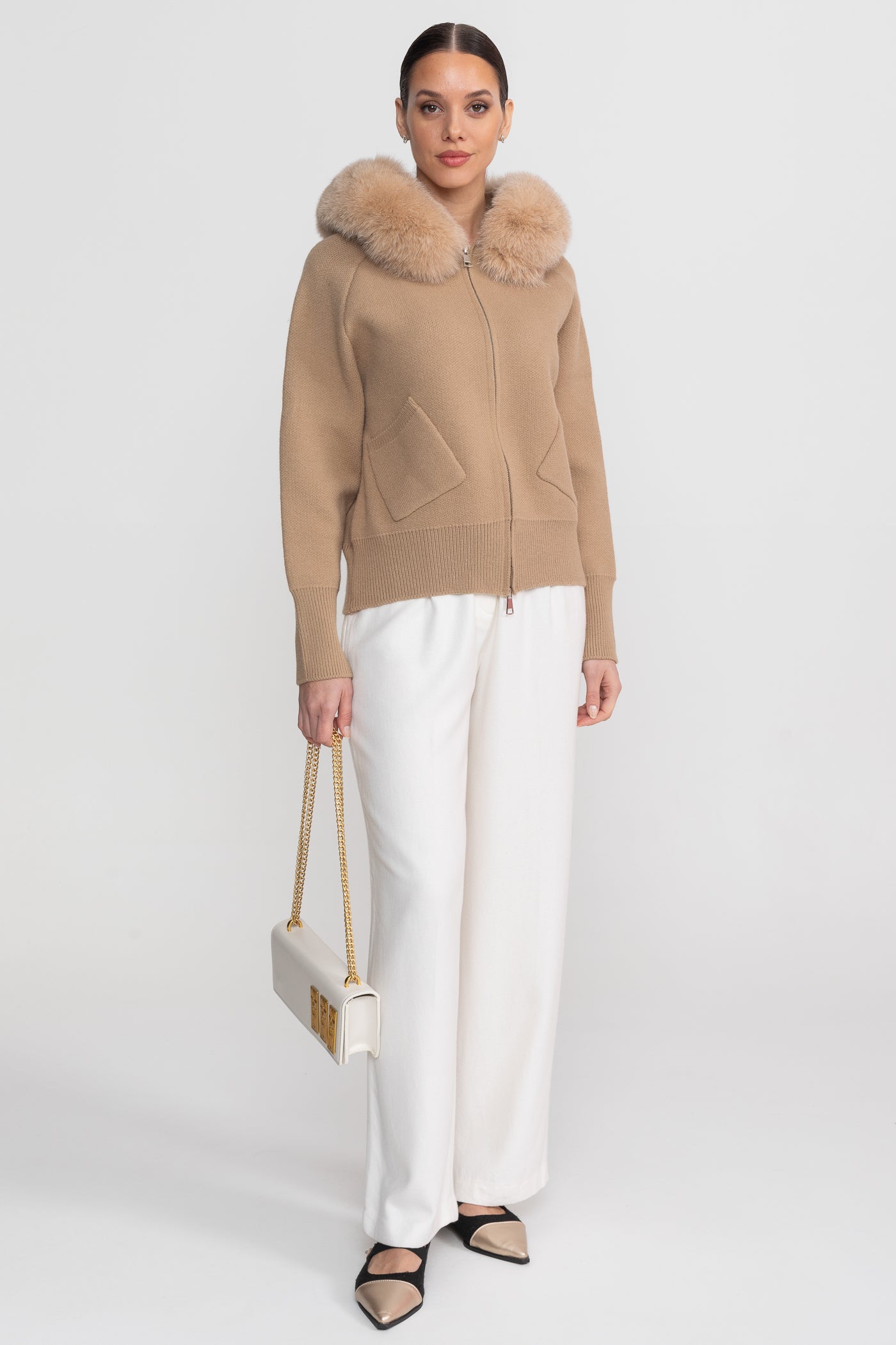 Woll-Hoodie mit Reißverschluss und Fuchspelzkragen – Braun 