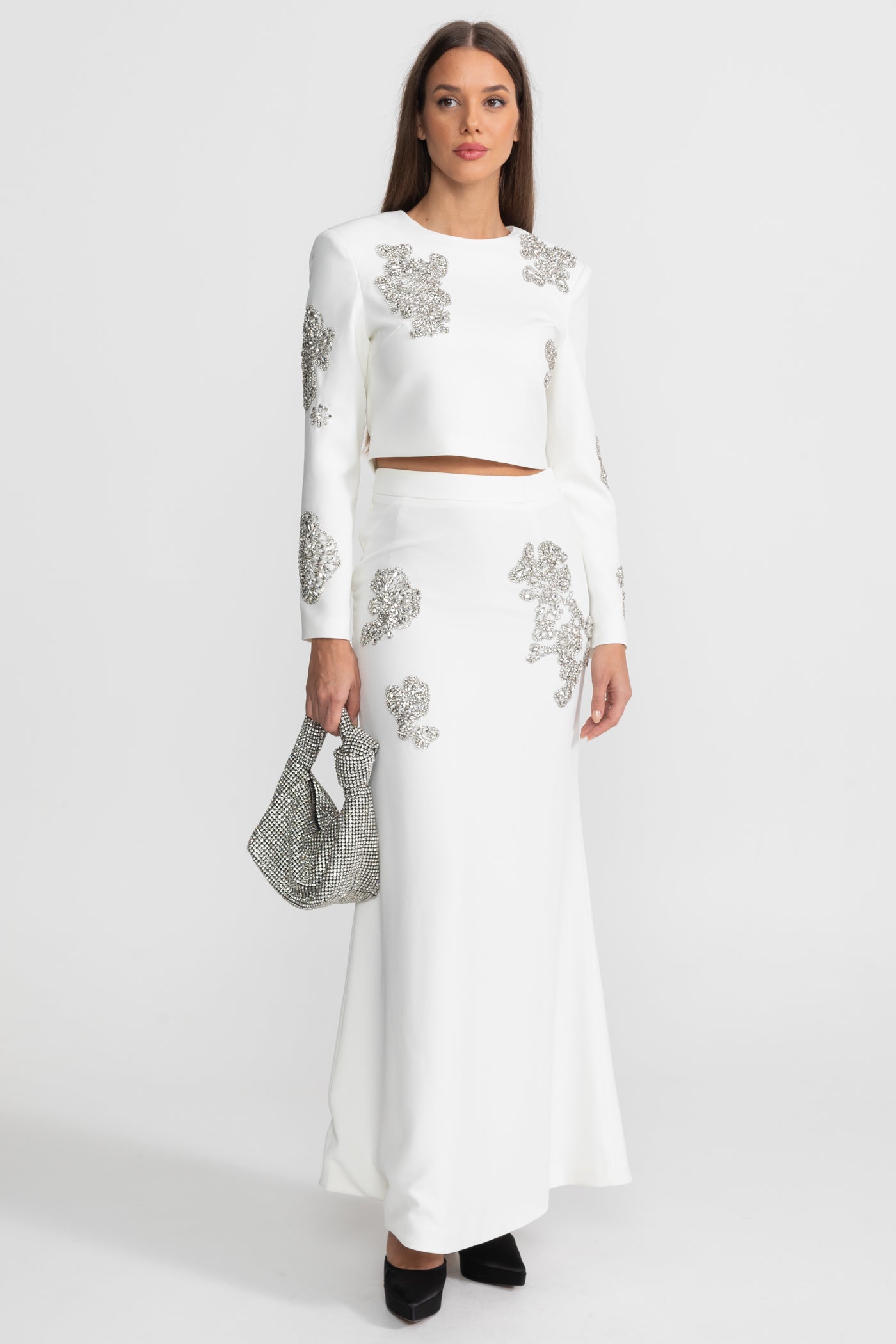 Embellished Co-Ord Set with Sparkling Crystal Embellishments - White