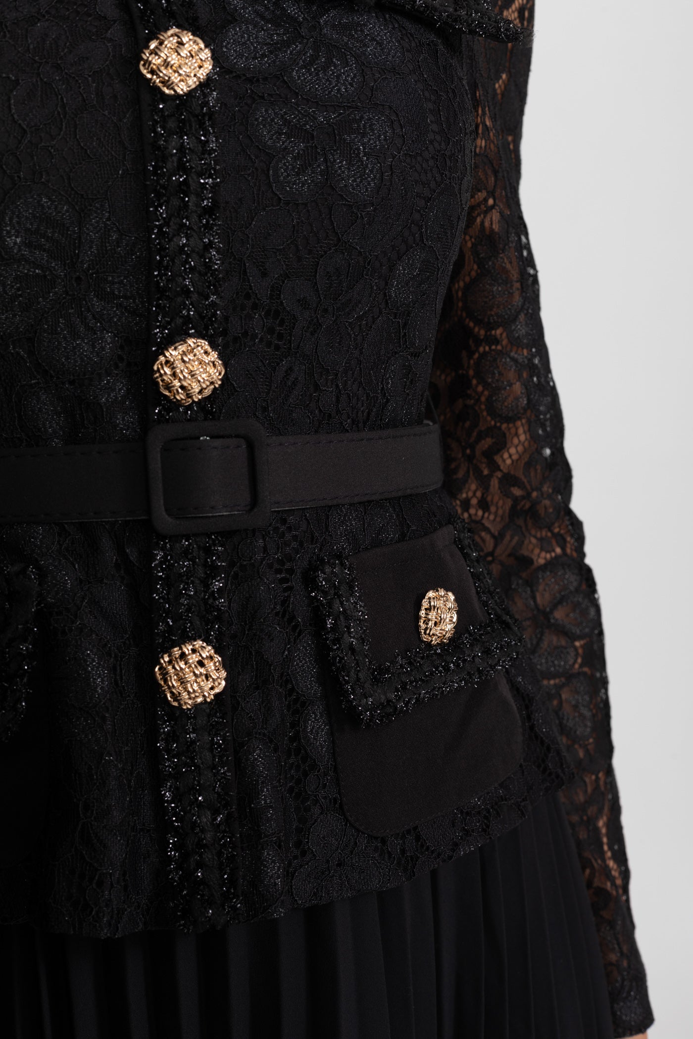 Lace and Pleated Midi Dress with Gold Button Detailing - Black