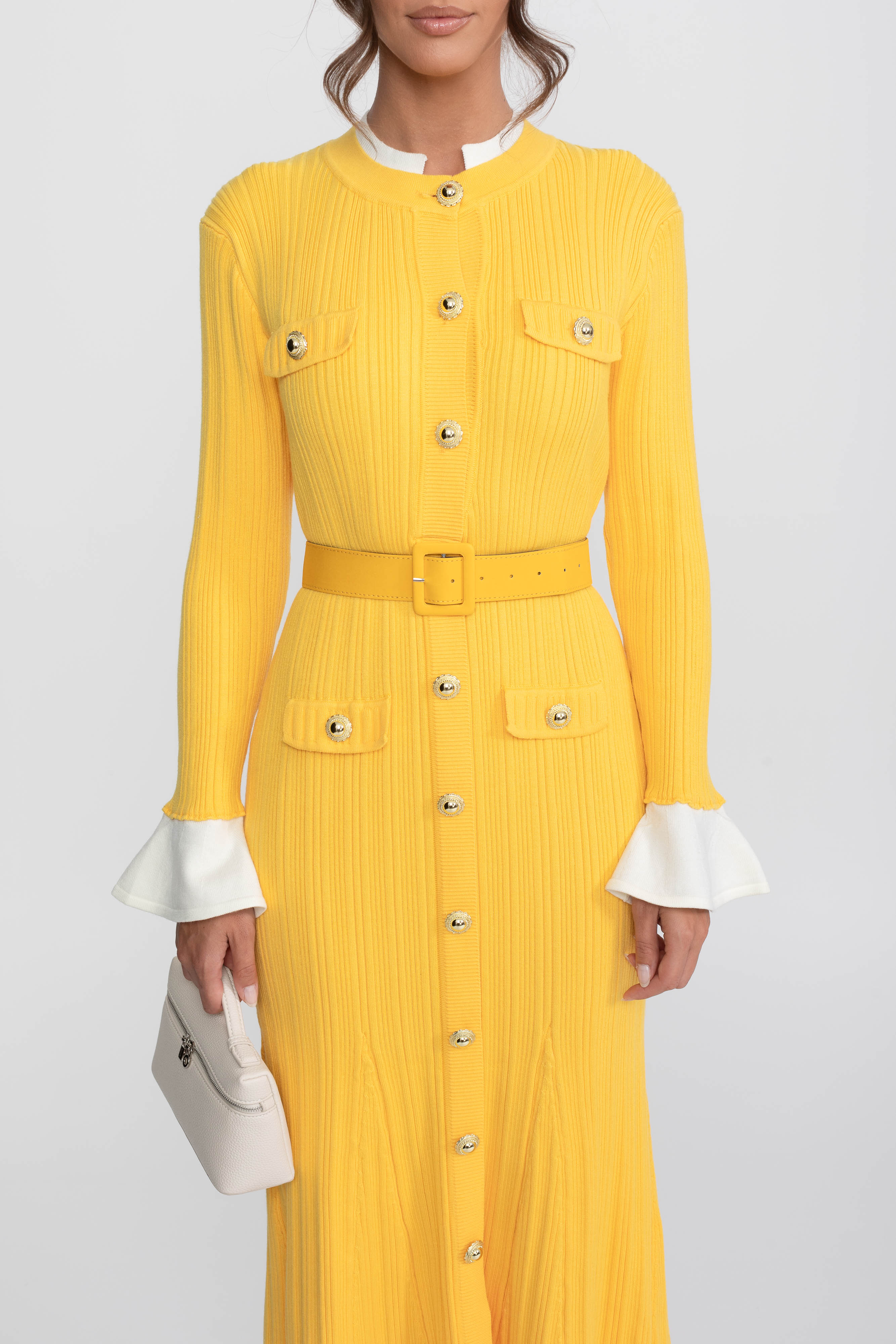 Ribbed Knit Belted Midi Dress With White Cuffs And Collar - Yellow