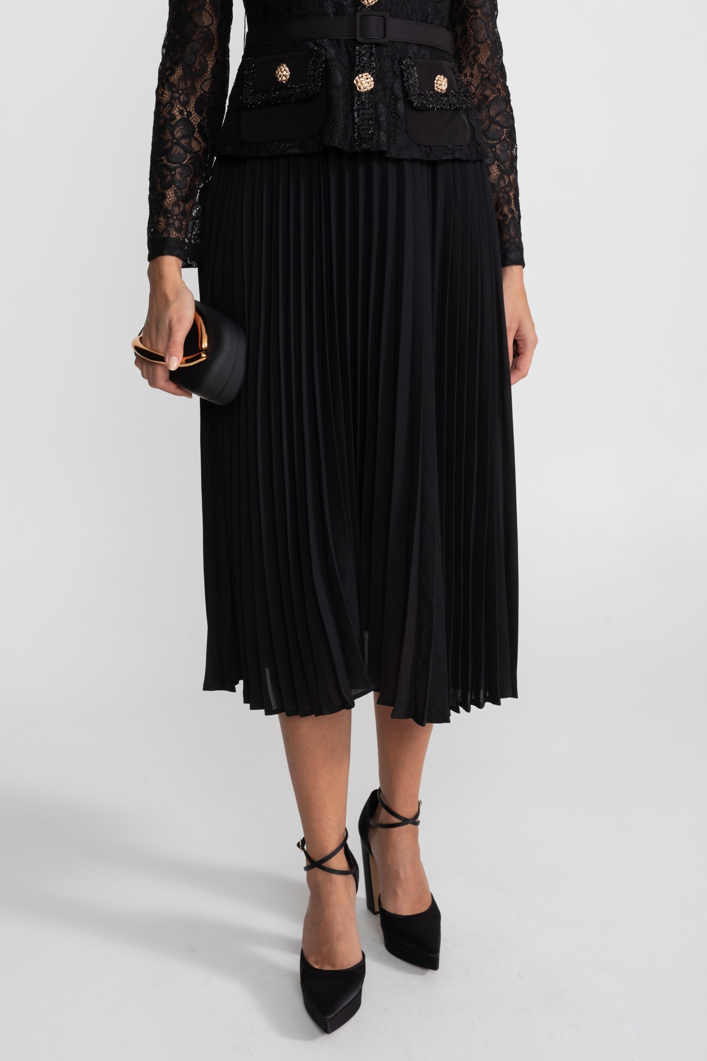 Lace and Pleated Midi Dress with Gold Button Detailing - Black