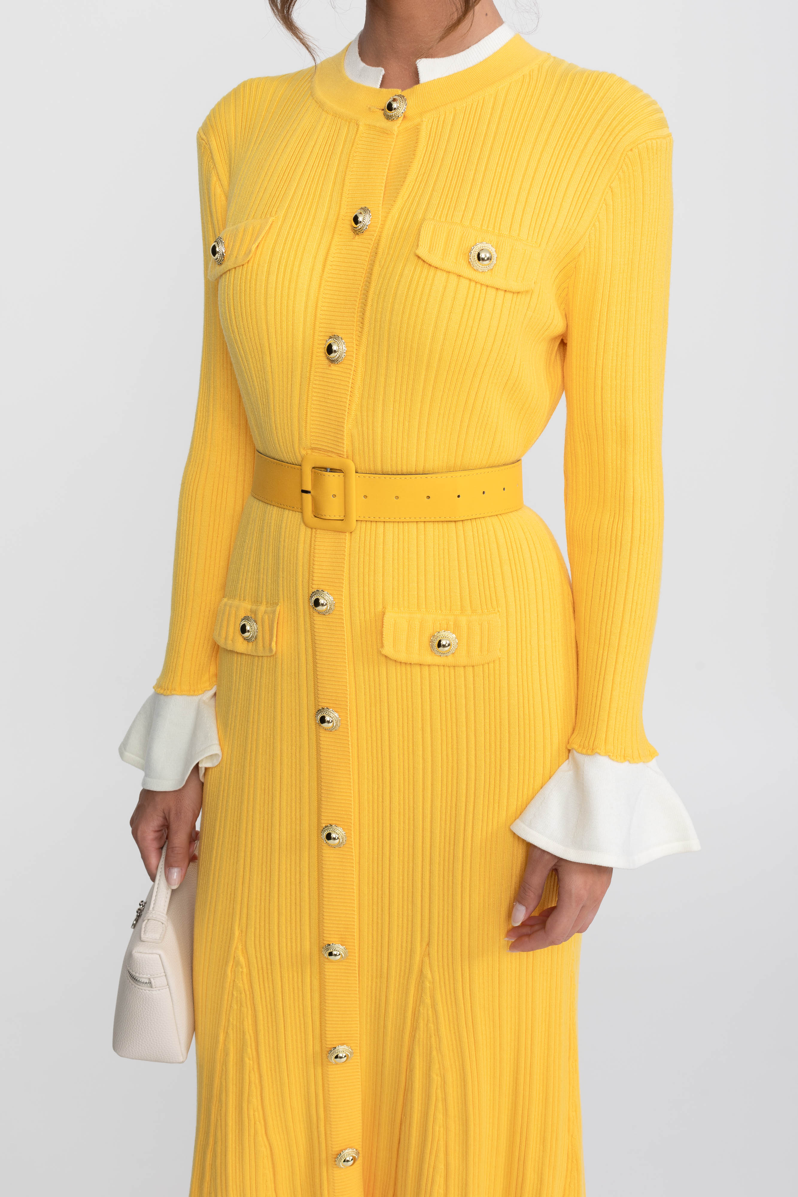Ribbed Knit Belted Midi Dress With White Cuffs And Collar - Yellow