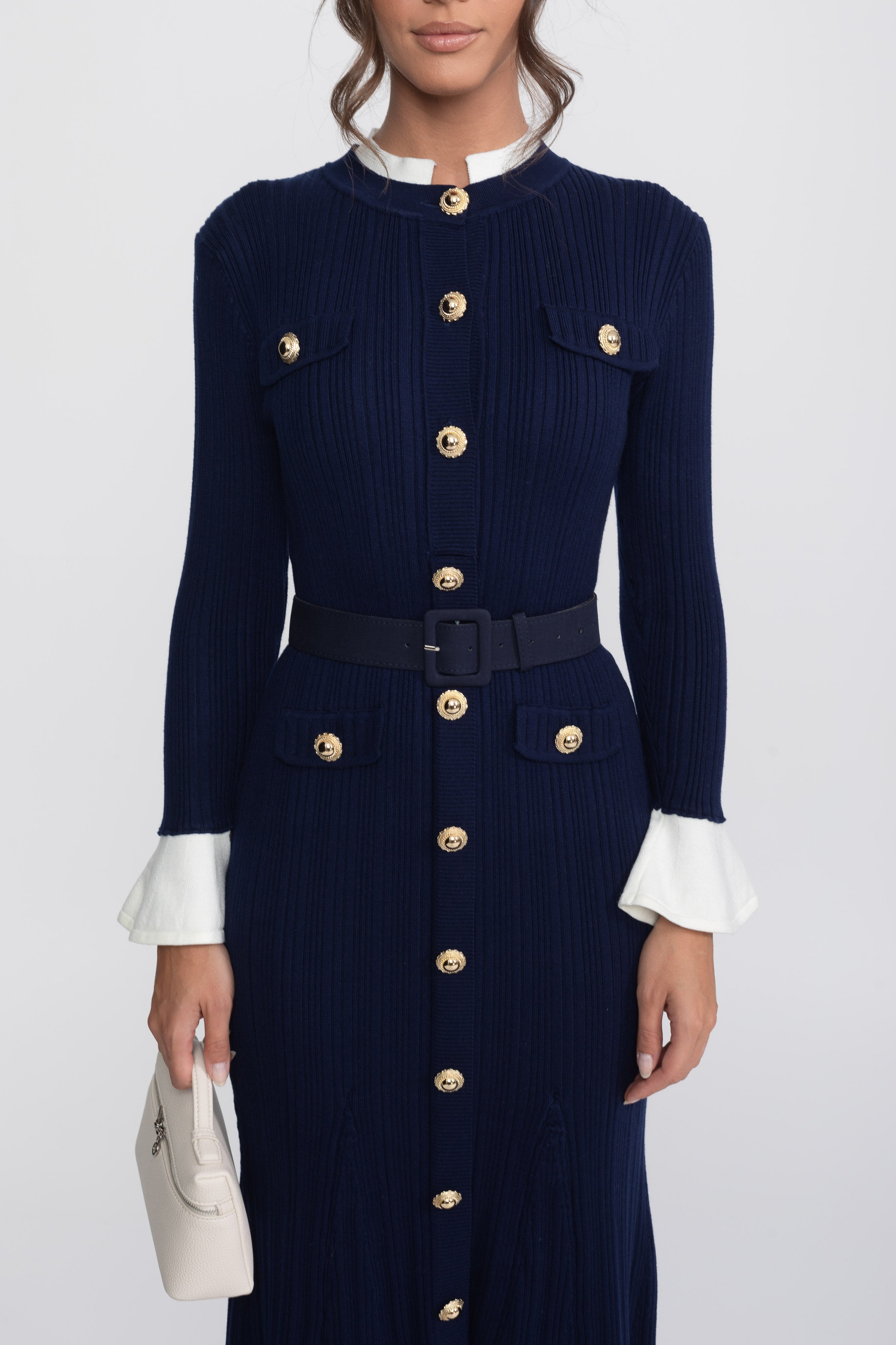 Ribbed Knit Belted Midi Dress With White Cuffs And Collar - Navy