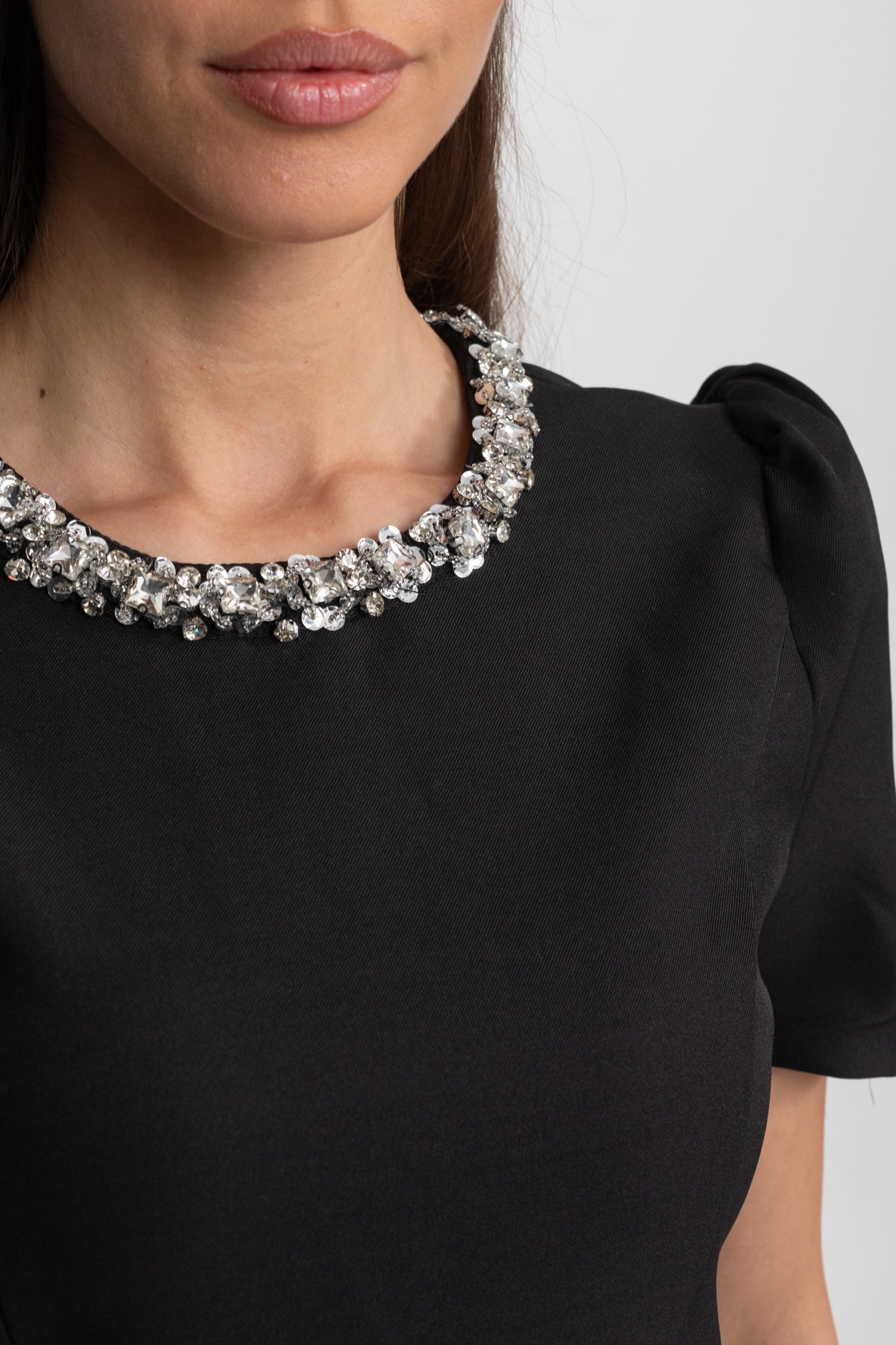 Tailored Mini Dress with Crystal Embellished Neckline – Black