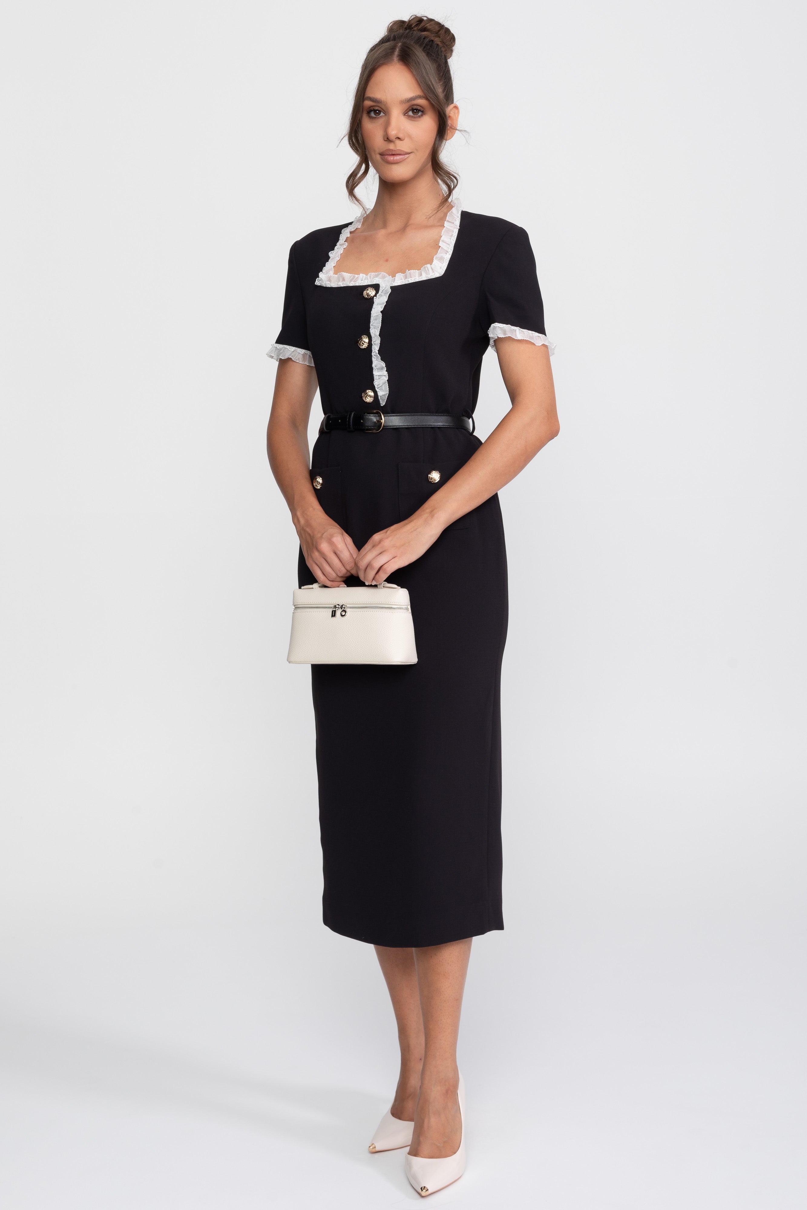 Square Neck Belted Midi Dress With White Ruffle Trim - Black