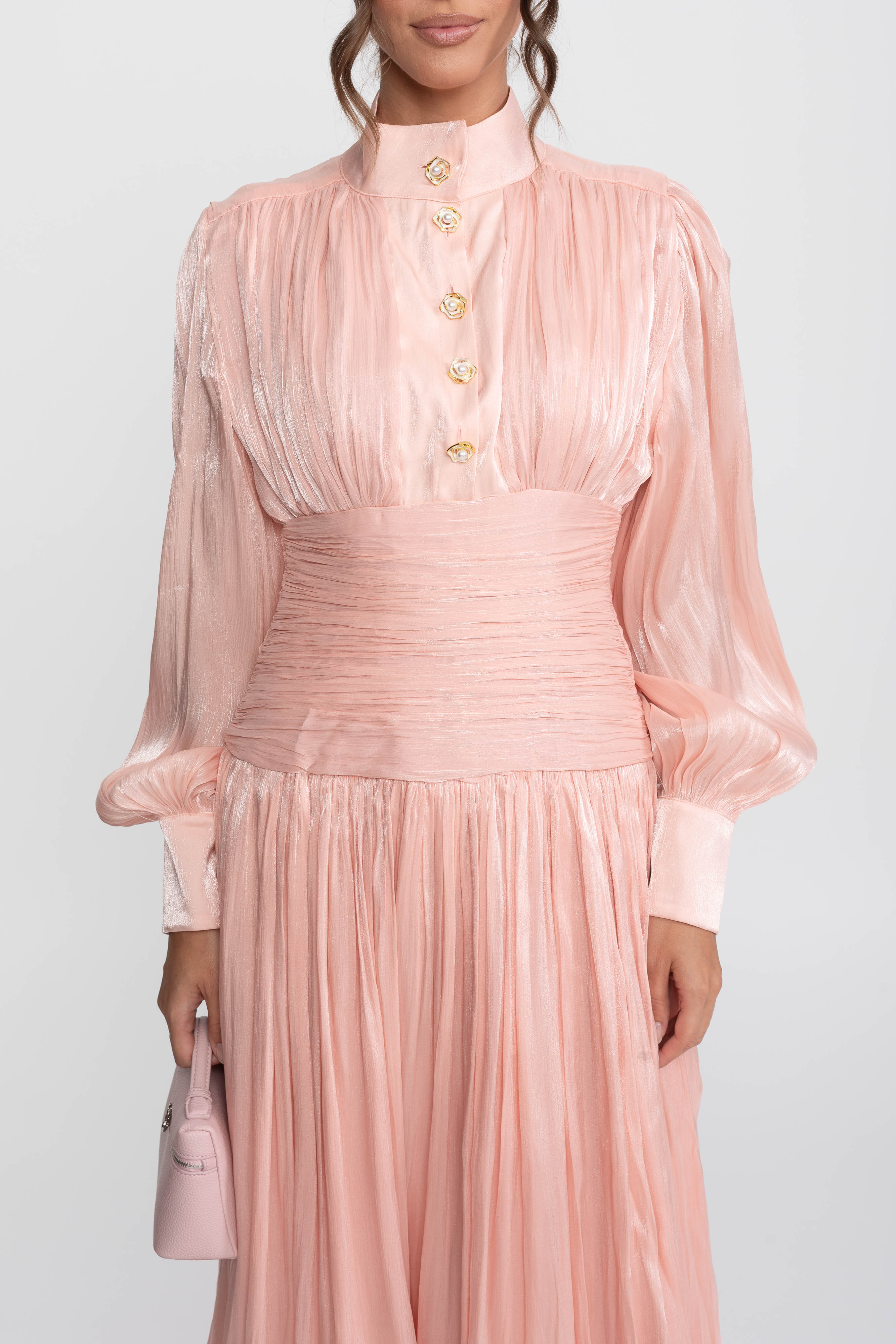 Maxikleid mit Stufendesign und Ballonärmeln mit juwelenbesetzten Rosenknöpfen - Peach 