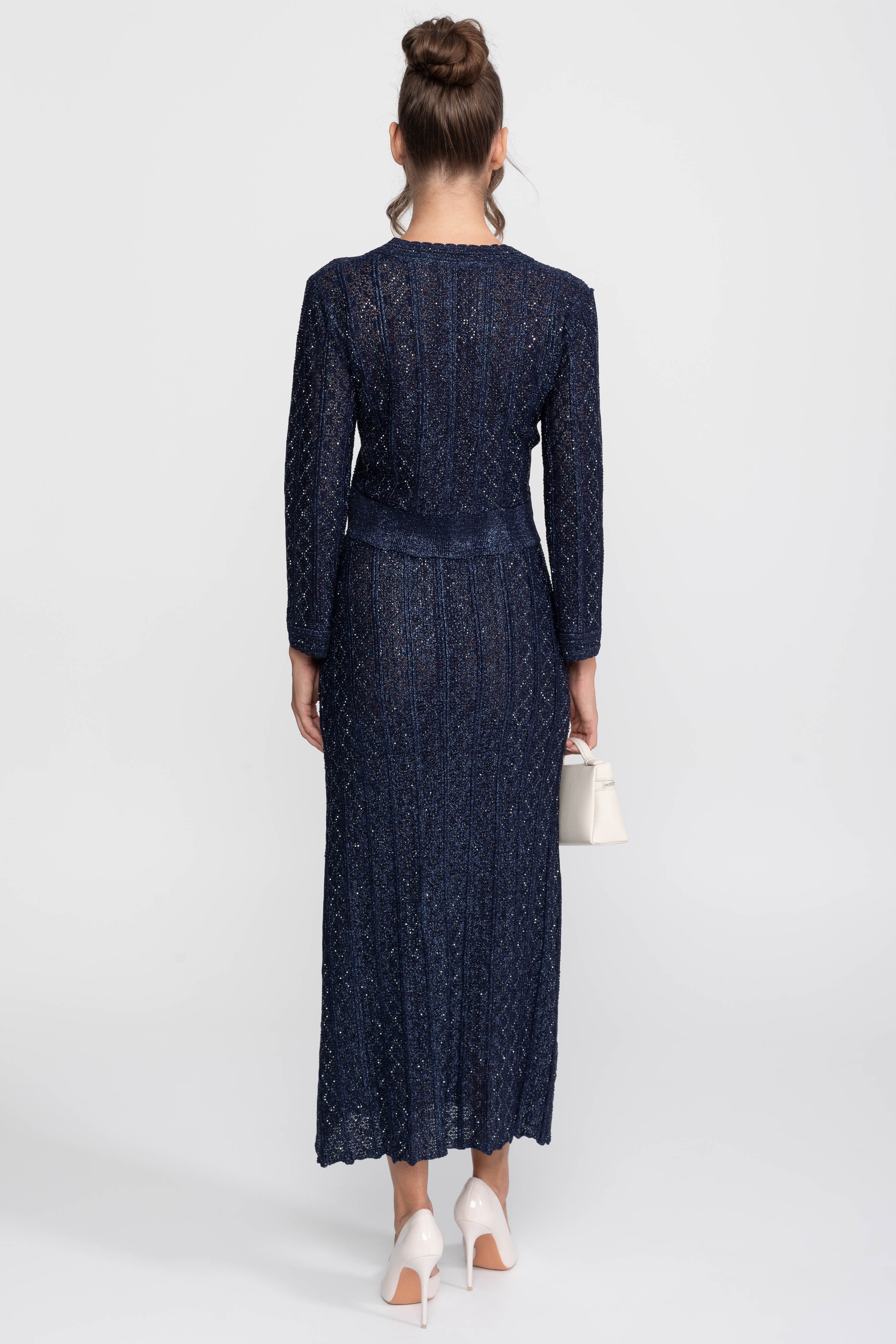 Langärmliges Co-Ord-Set aus Spitze mit Rautenmuster und Maxirock - Navy 