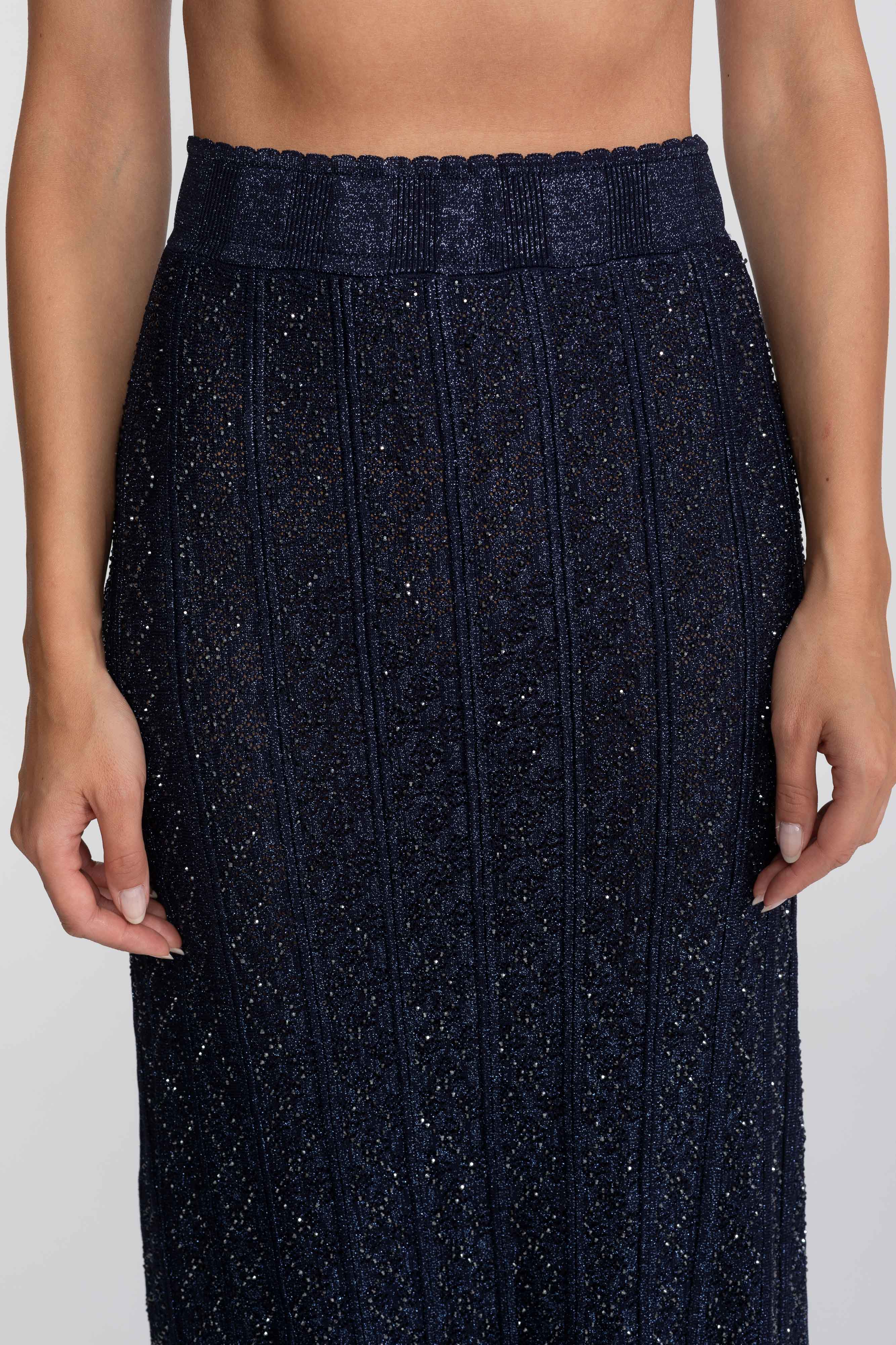 Langärmliges Co-Ord-Set aus Spitze mit Rautenmuster und Maxirock - Navy 