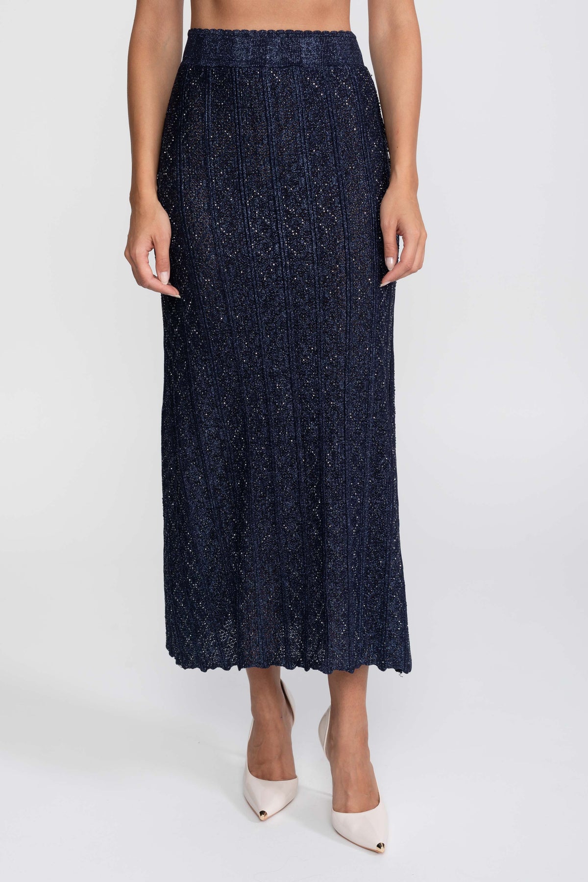Langärmliges Co-Ord-Set aus Spitze mit Rautenmuster und Maxirock - Navy 