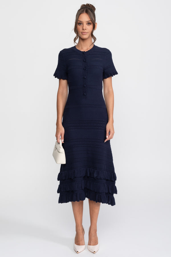 Strick-Midi-Kleid mit Rüschensaum und Knopfleiste - Marineblau 