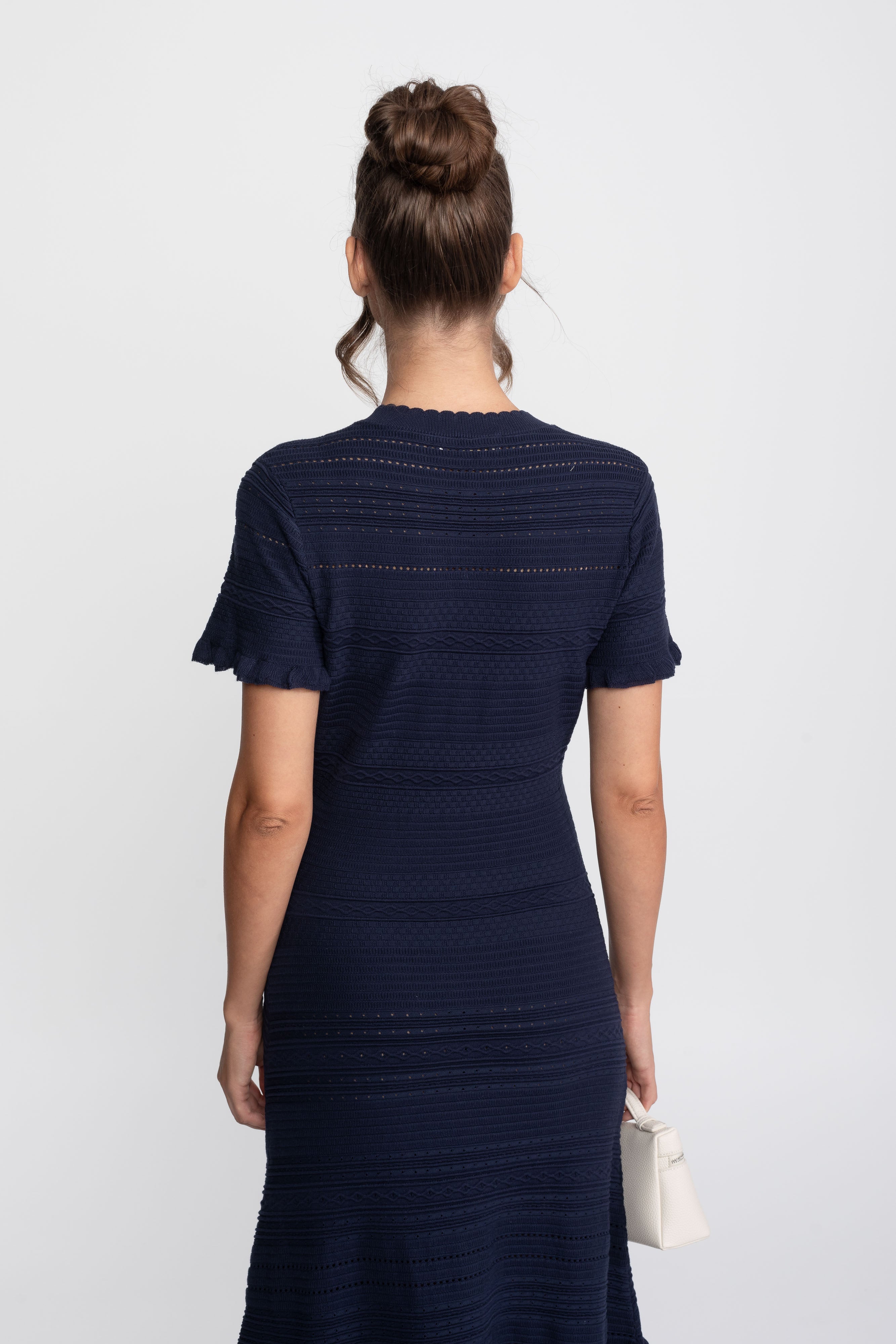 Ruffle Hem Knit Midi Dress With Button Front - Navy