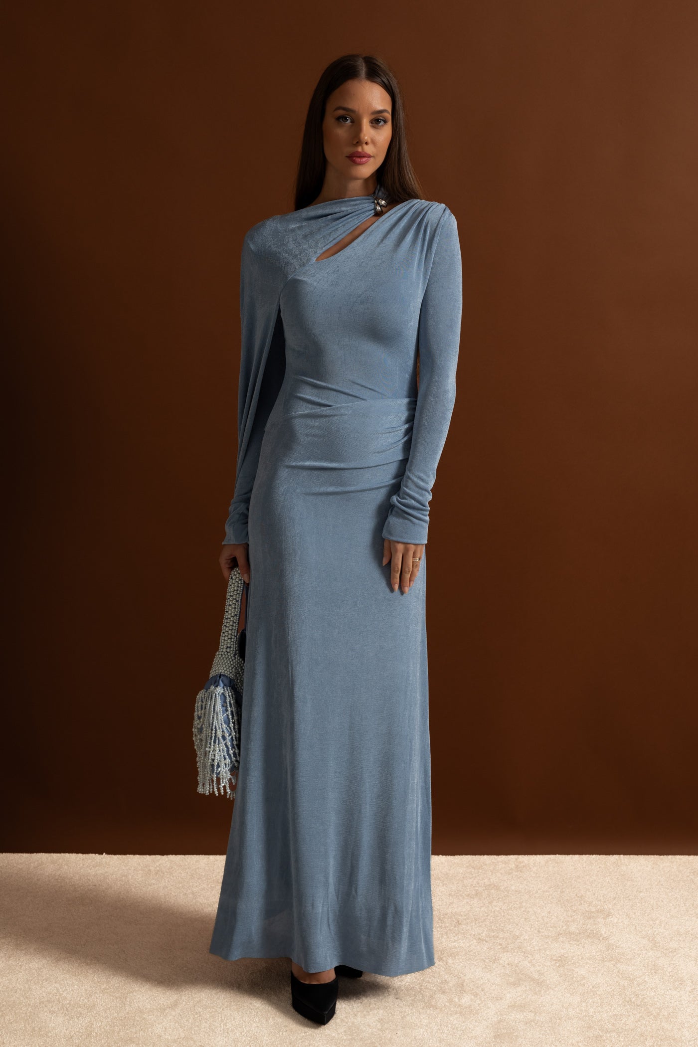 Elegant Draped Gown With Asymmetric Cutout – Blue