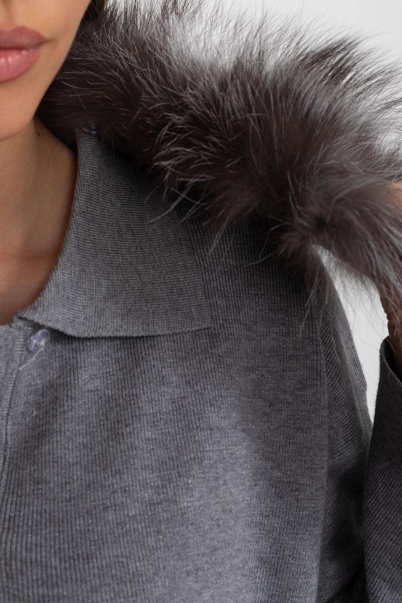 Knit Lounge Co-Ord Set with Fox Fur Collar – Grey