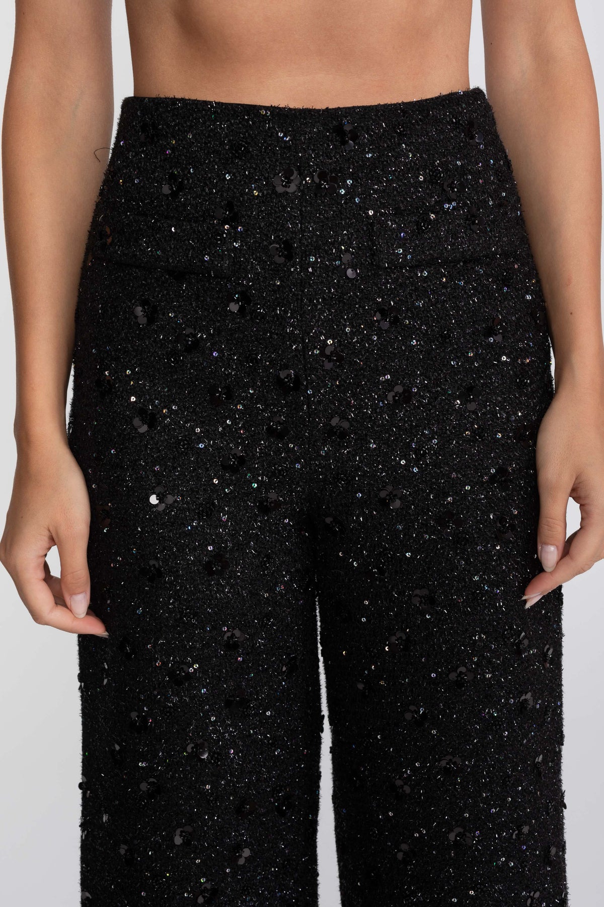 Weit geschnittene Tweed-Hose mit Pailletten-Detail - Schwarz 
