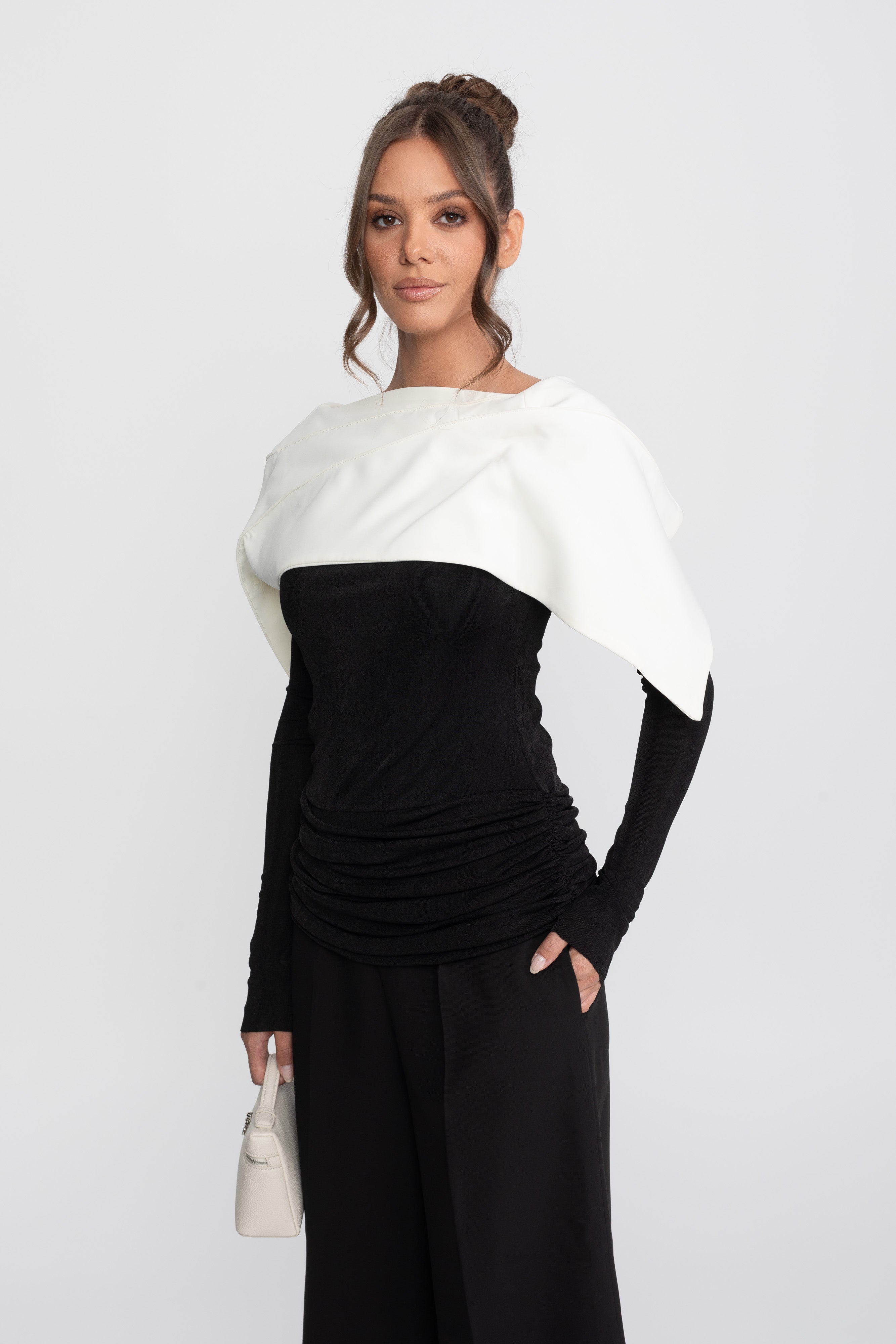 Ruched Wrap Top With Contrasting Cape And Trouser Ensemble - Black