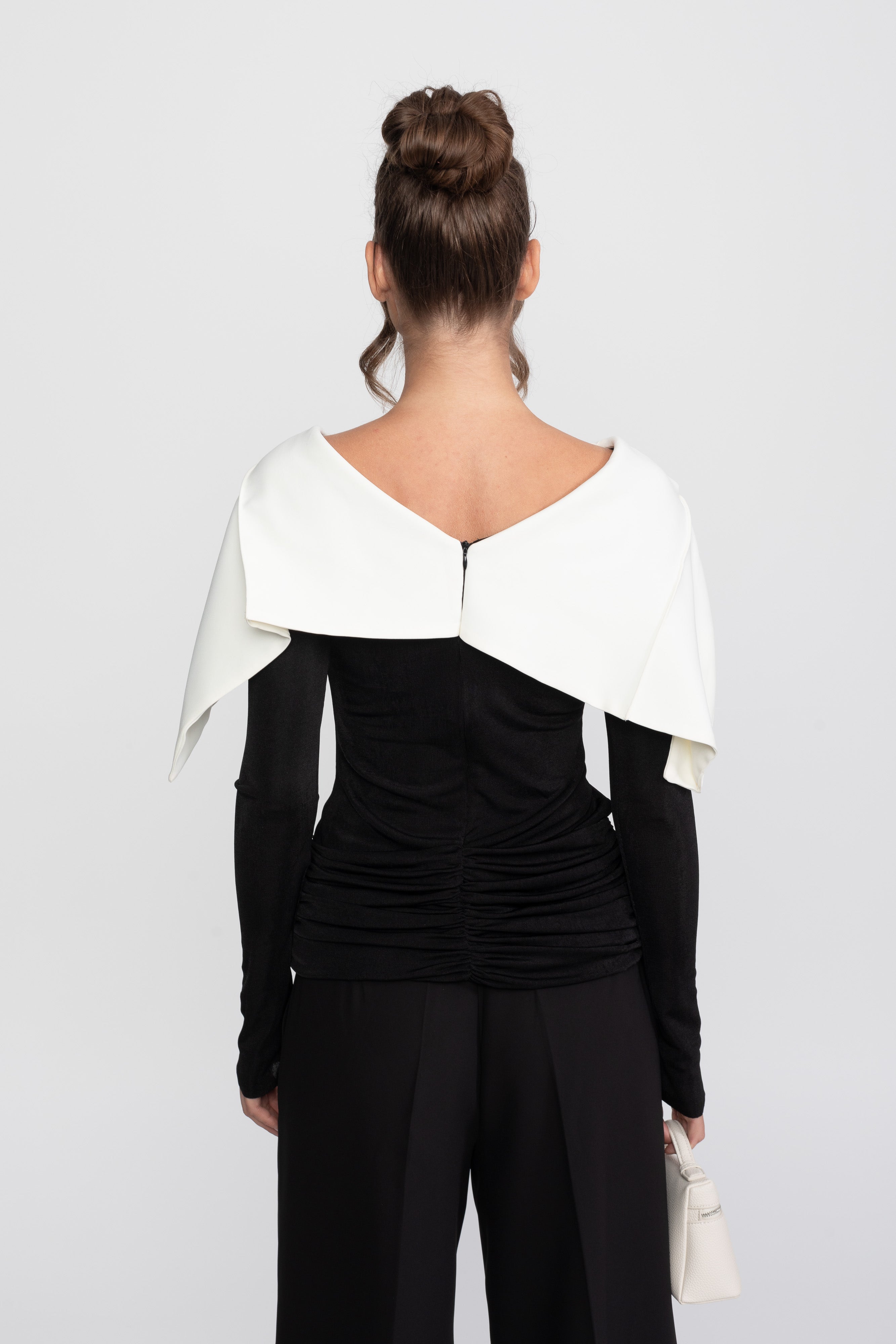 Ruched Wrap Top With Contrasting Cape And Trouser Ensemble - Black