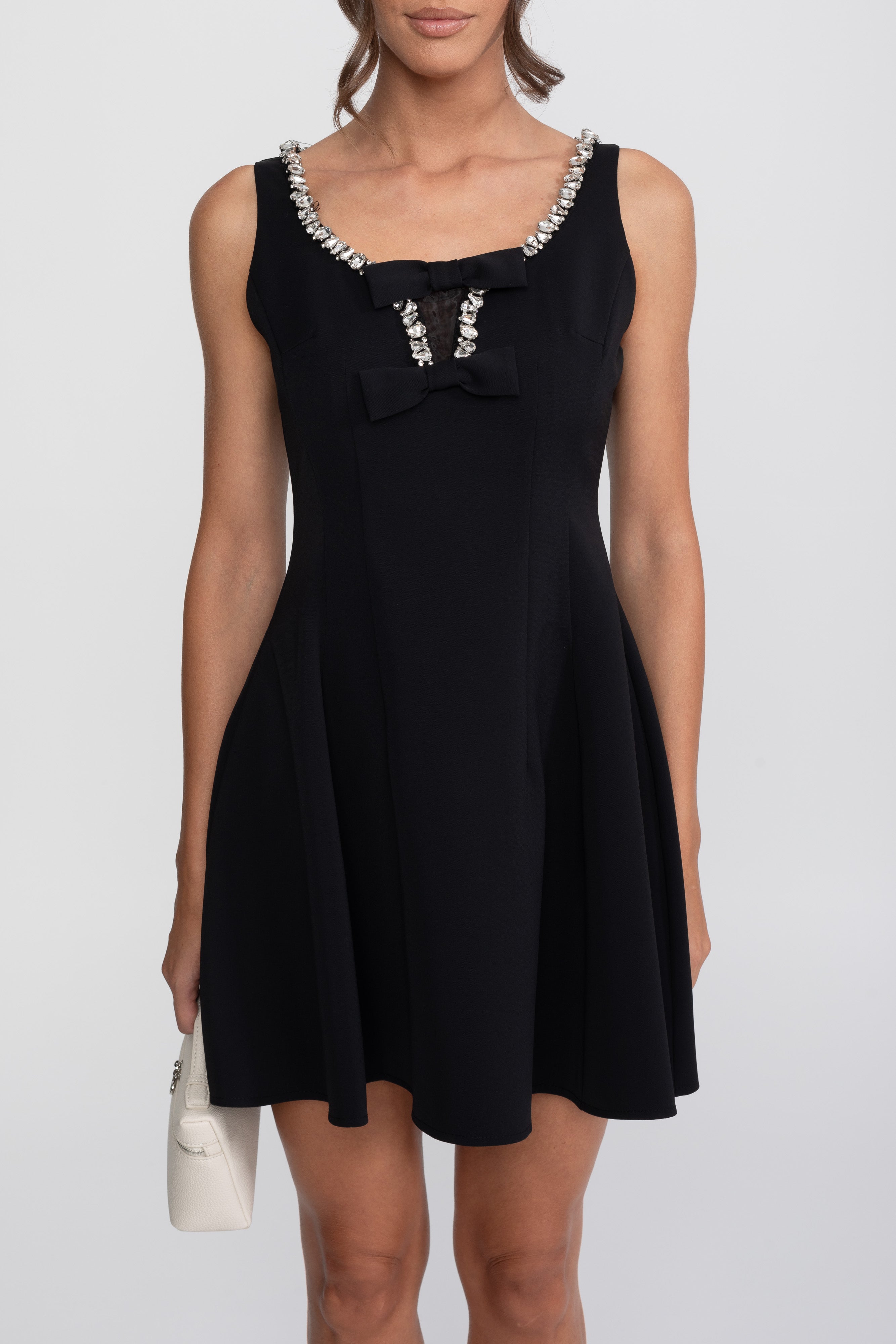 Crystal Trim Fit-and-Flare Mini Dress With Chest Bows - Black