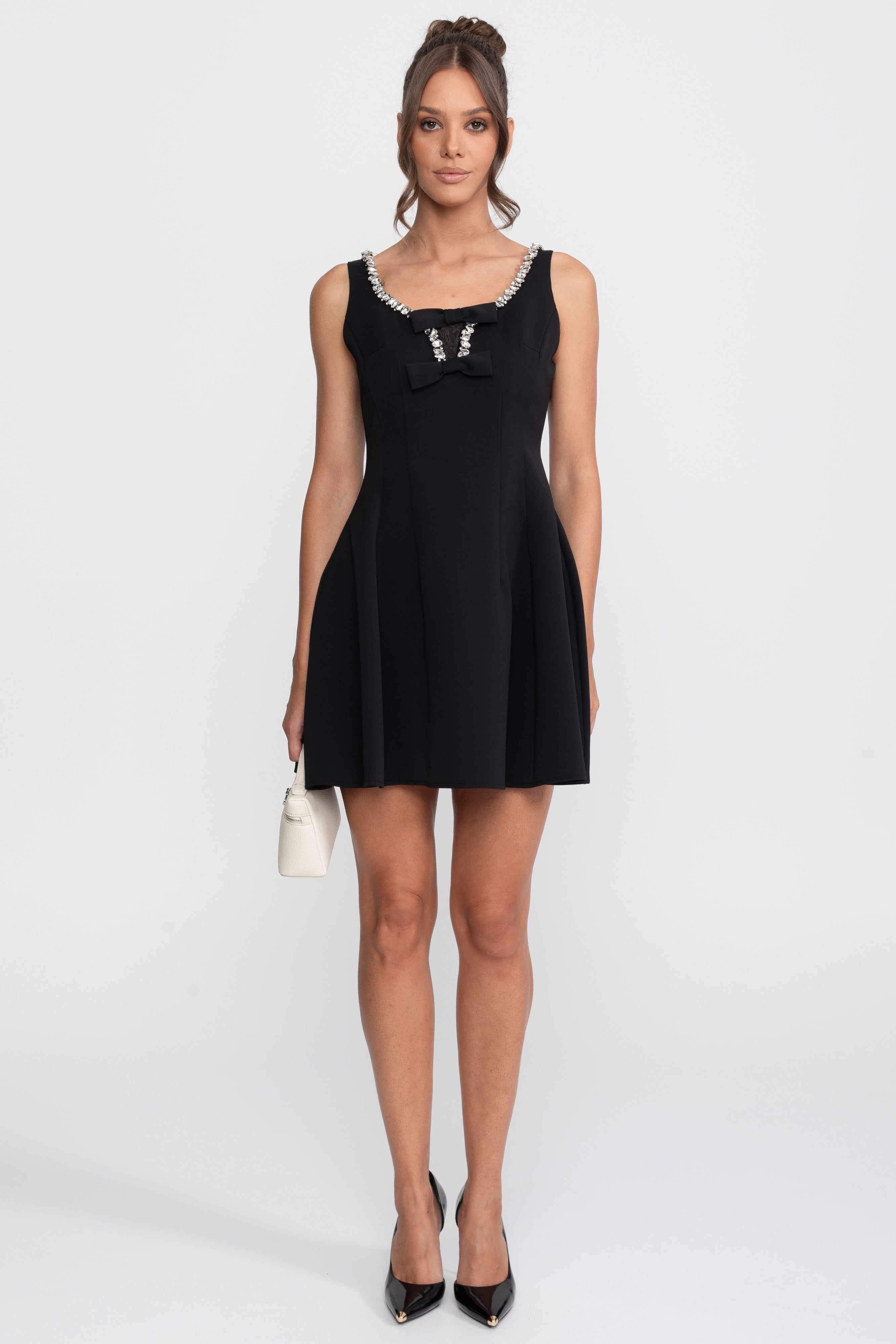 Crystal Trim Fit-and-Flare Mini Dress With Chest Bows - Black
