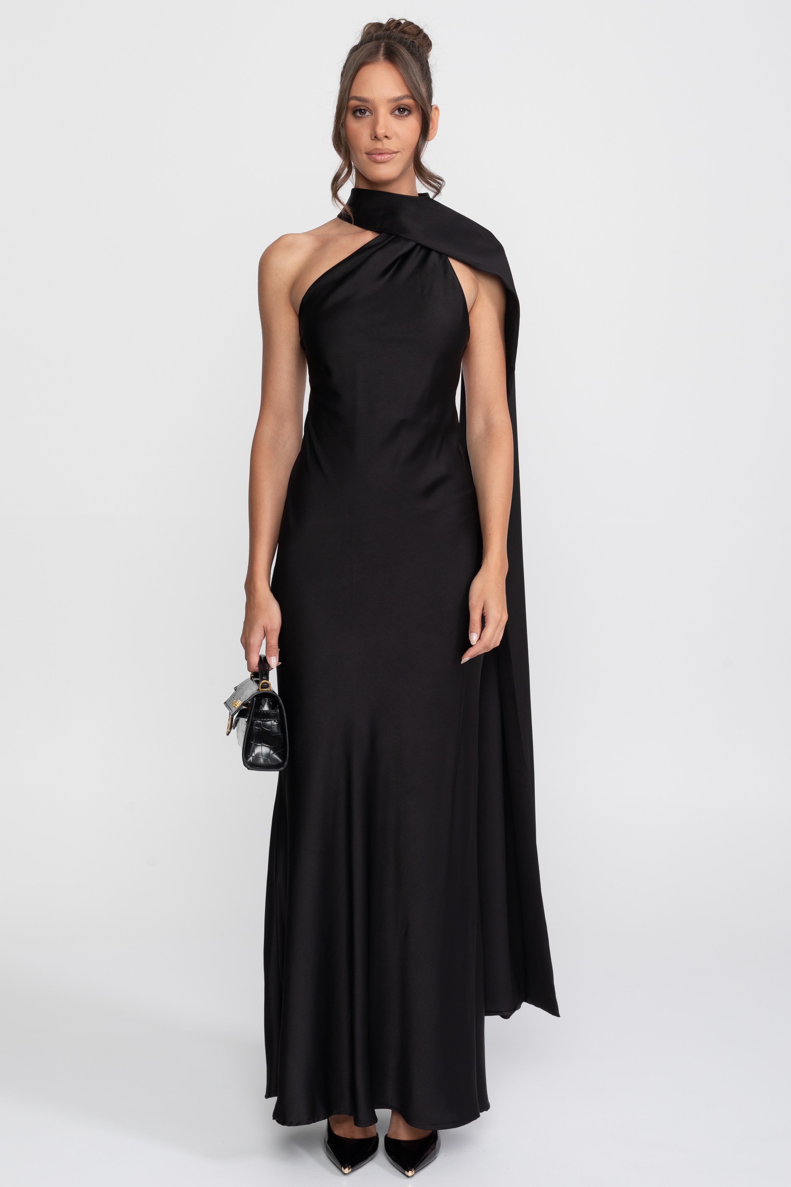 Twist Halter Satin Slip Dress With Asymmetric Neckline - Black