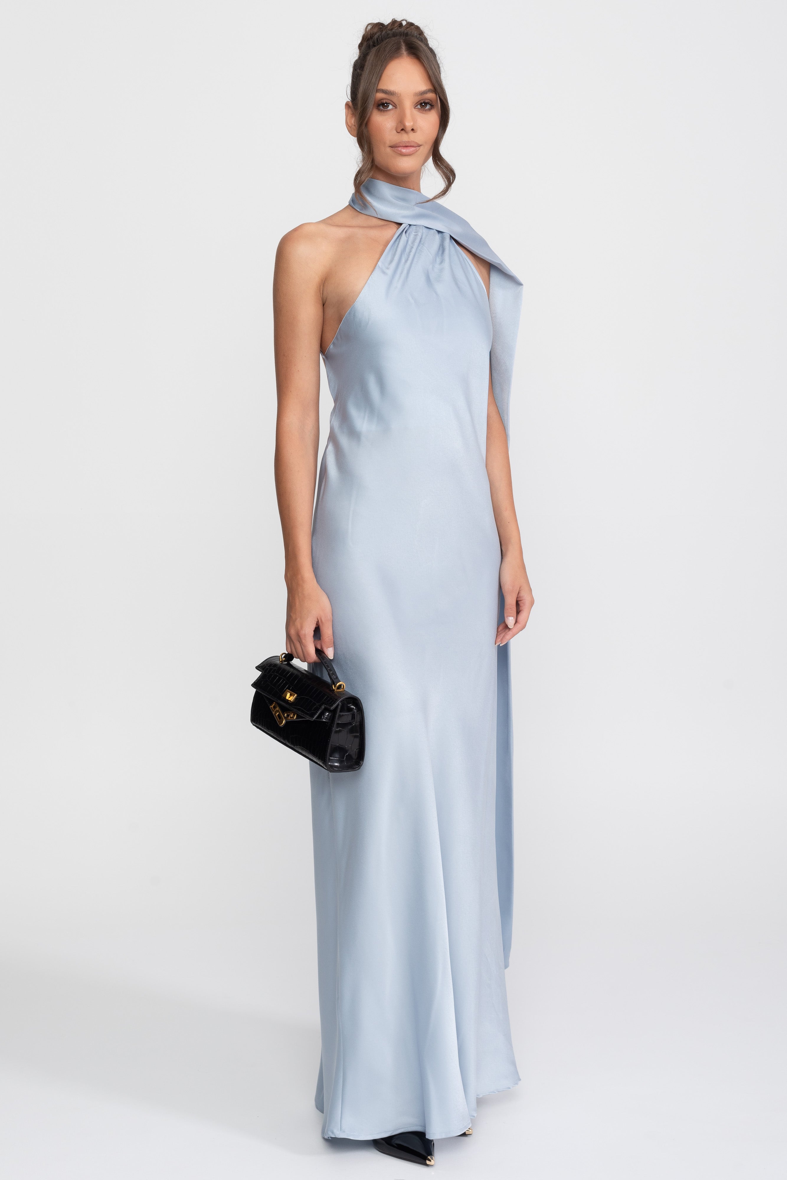 Twist Halter Satin Slip Dress With Asymmetric Neckline - Blue