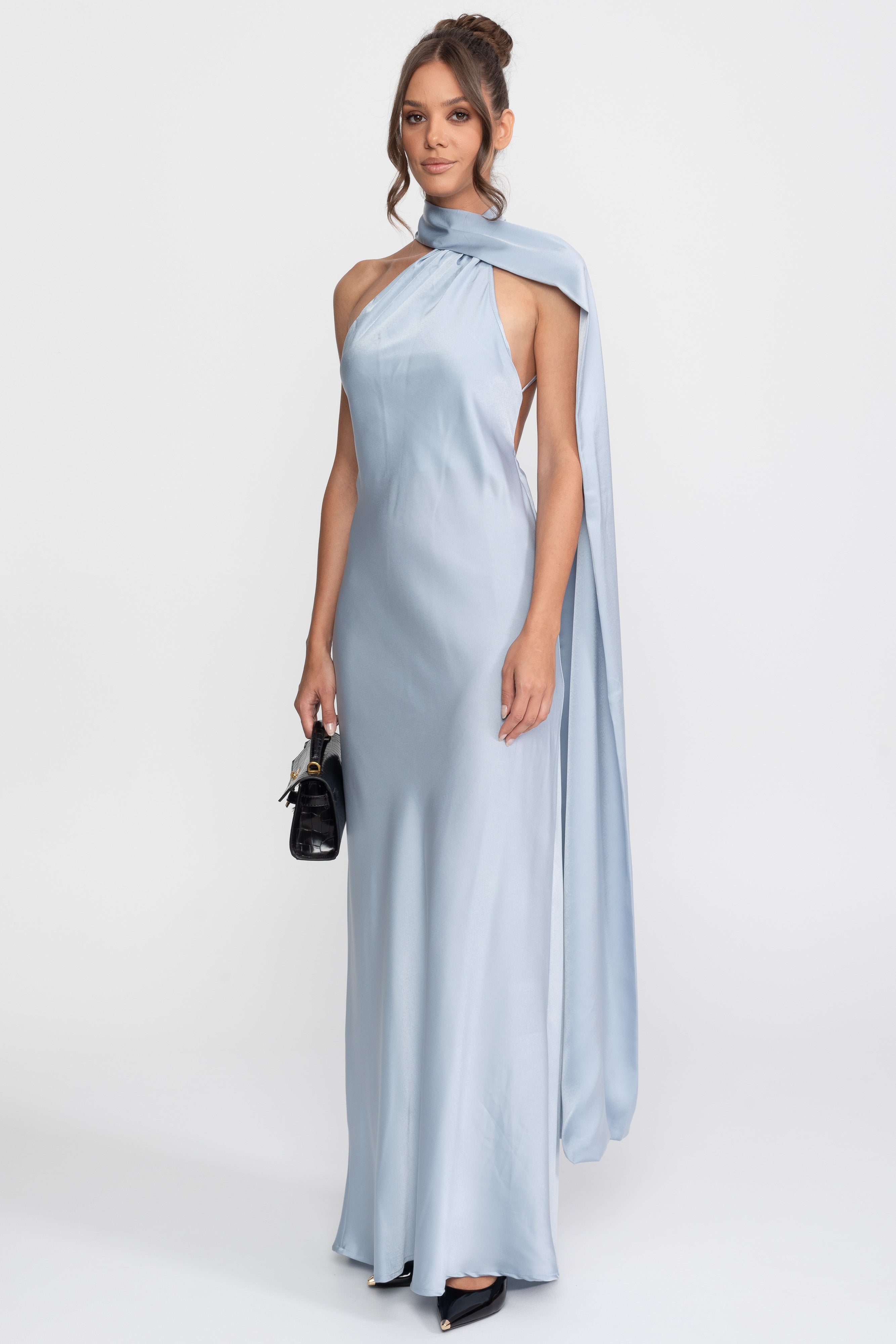 Twist Halter Satin Slip Dress With Asymmetric Neckline - Blue