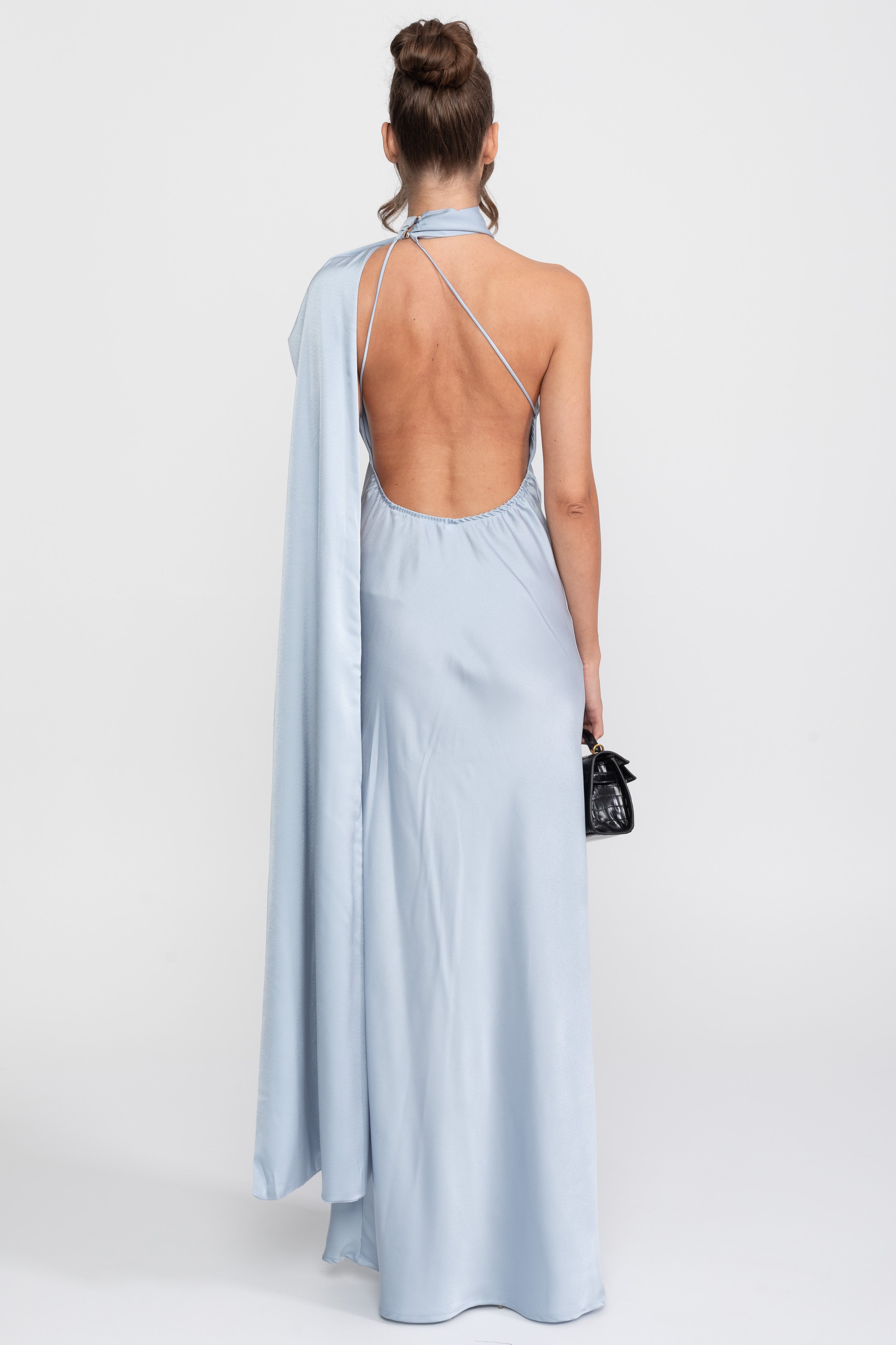 Twist Halter Satin Slip Dress With Asymmetric Neckline - Blue